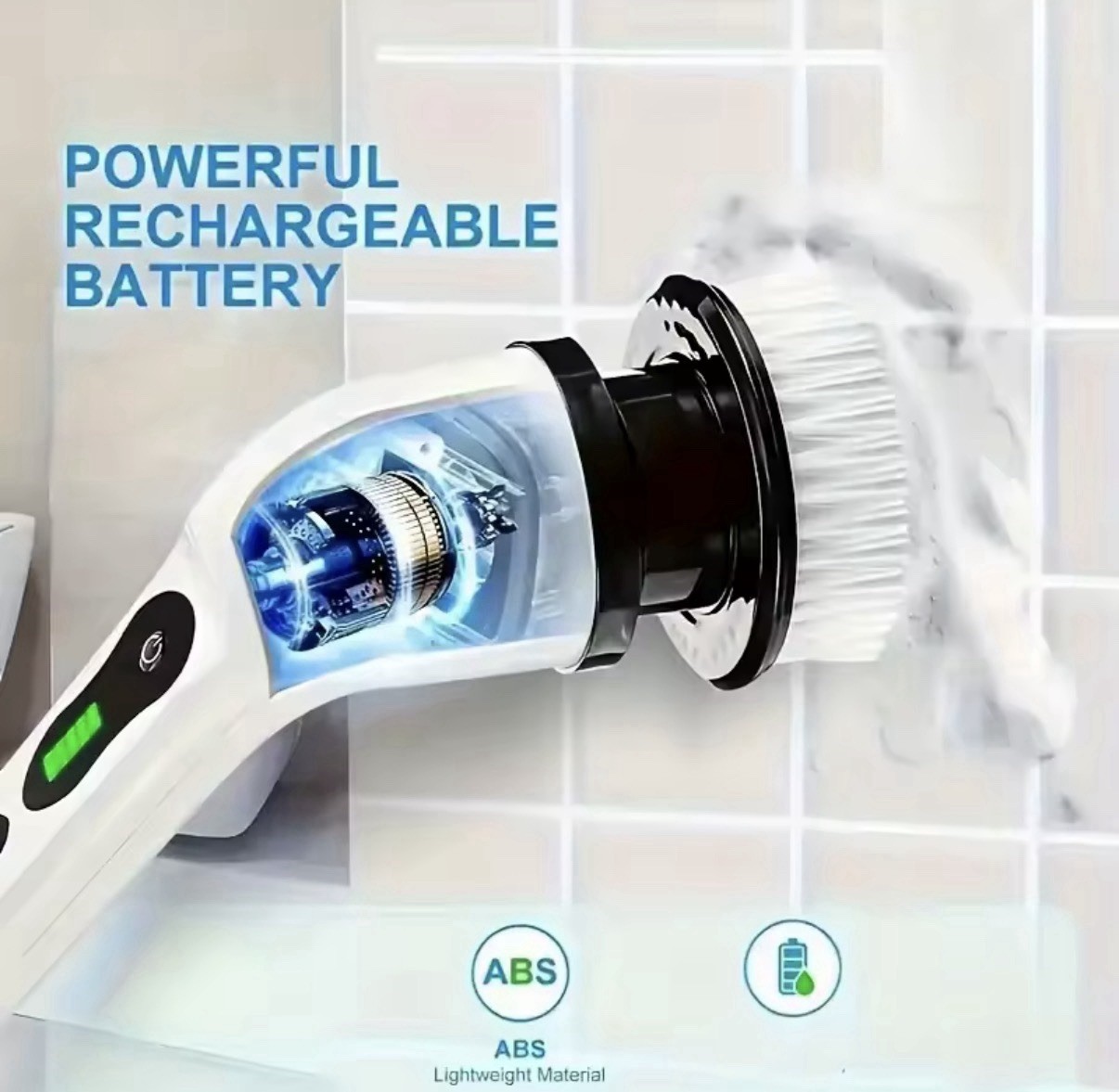 Rechargeable Electric Scrub Brush Kit, 8 Attachments, Adjustable Handle, White