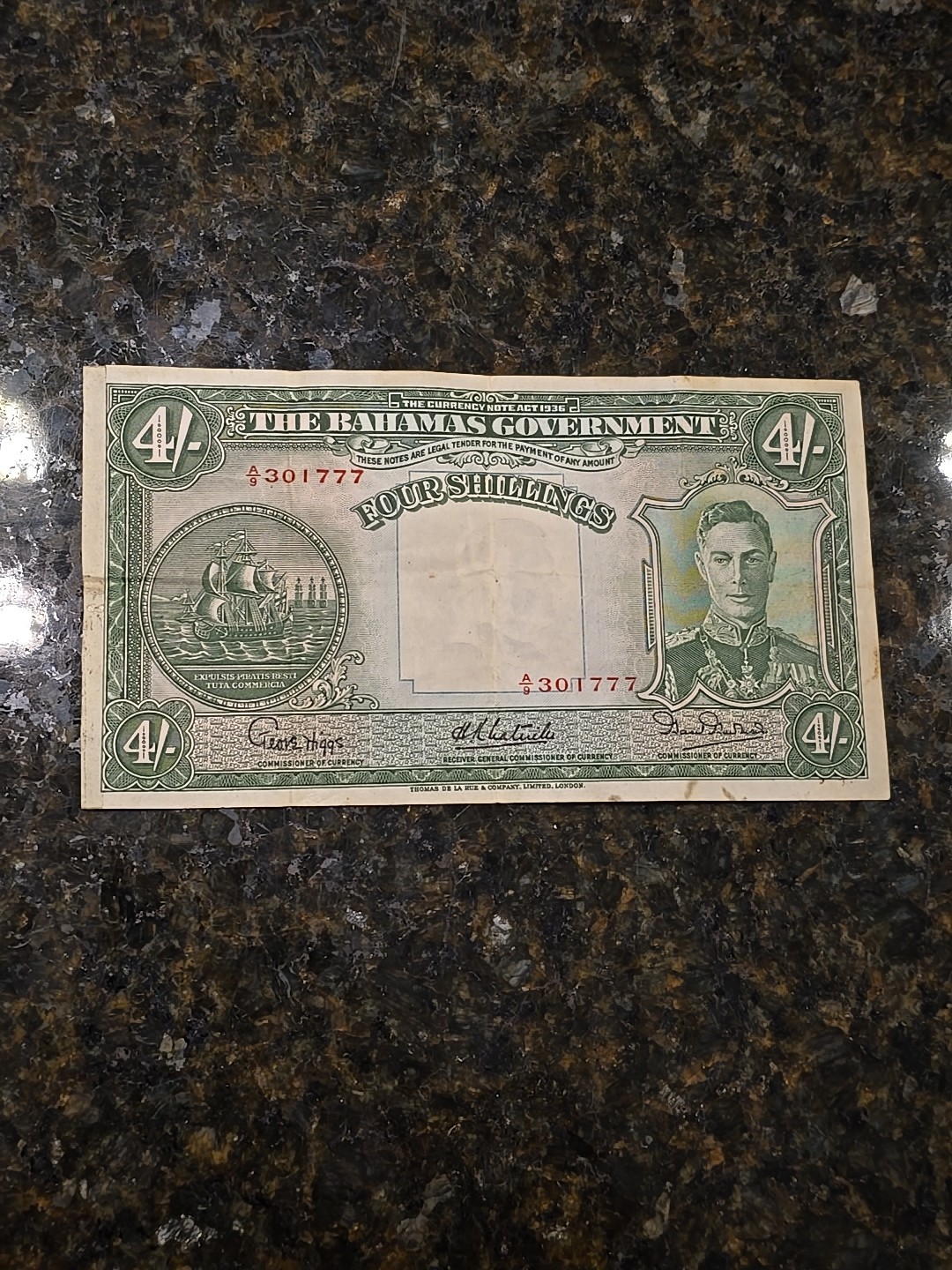 The Bahamas Government 1936 1947 Four Shillings Banknote P#9e King George VI 4/-