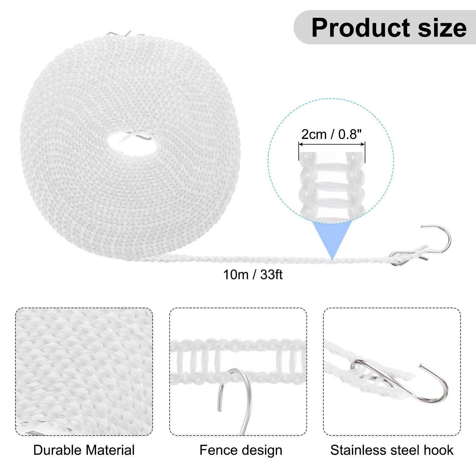 2pcs Windproof Clothesline 10M 33ft Plastic Non-Slip Clothes Drying Rope White