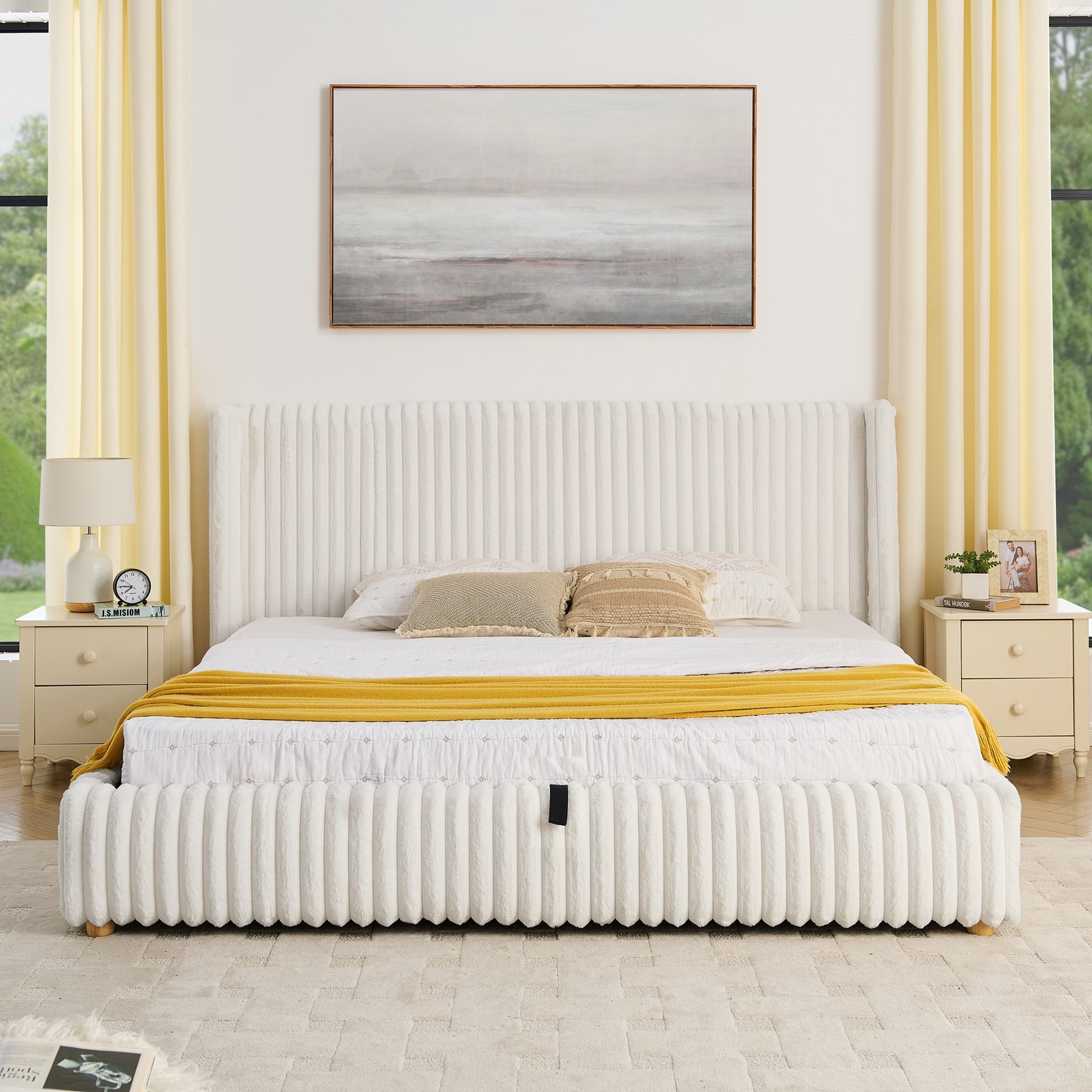 King Daybed with Gas Lift Storage, Cream White Rabbit Fur Fabric