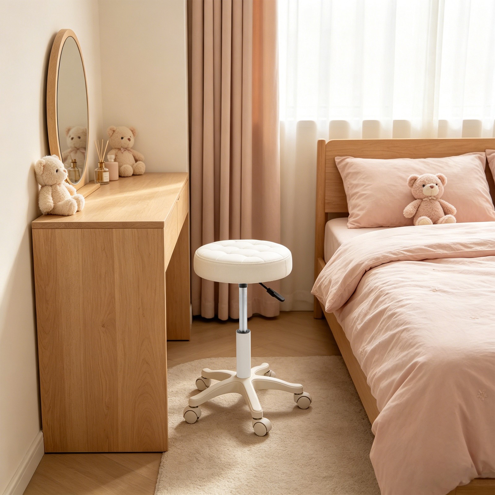PU Leather Round Rolling Stool with Wheels, Height Adjustable Bar Stool