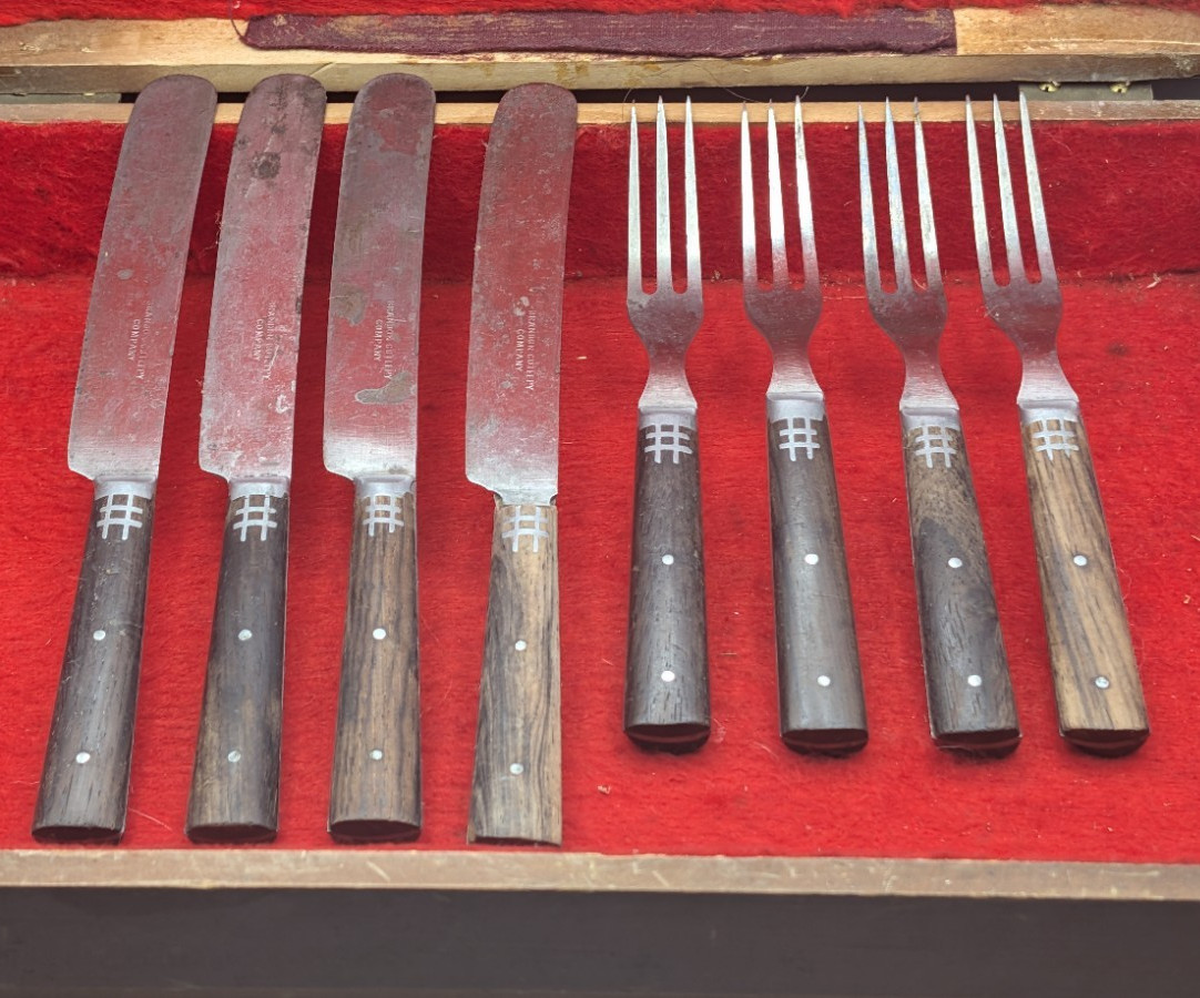 19th C Antique Flatware Carbon Steel 3 Tine Forks Butter Knives Wood Cutlery Set