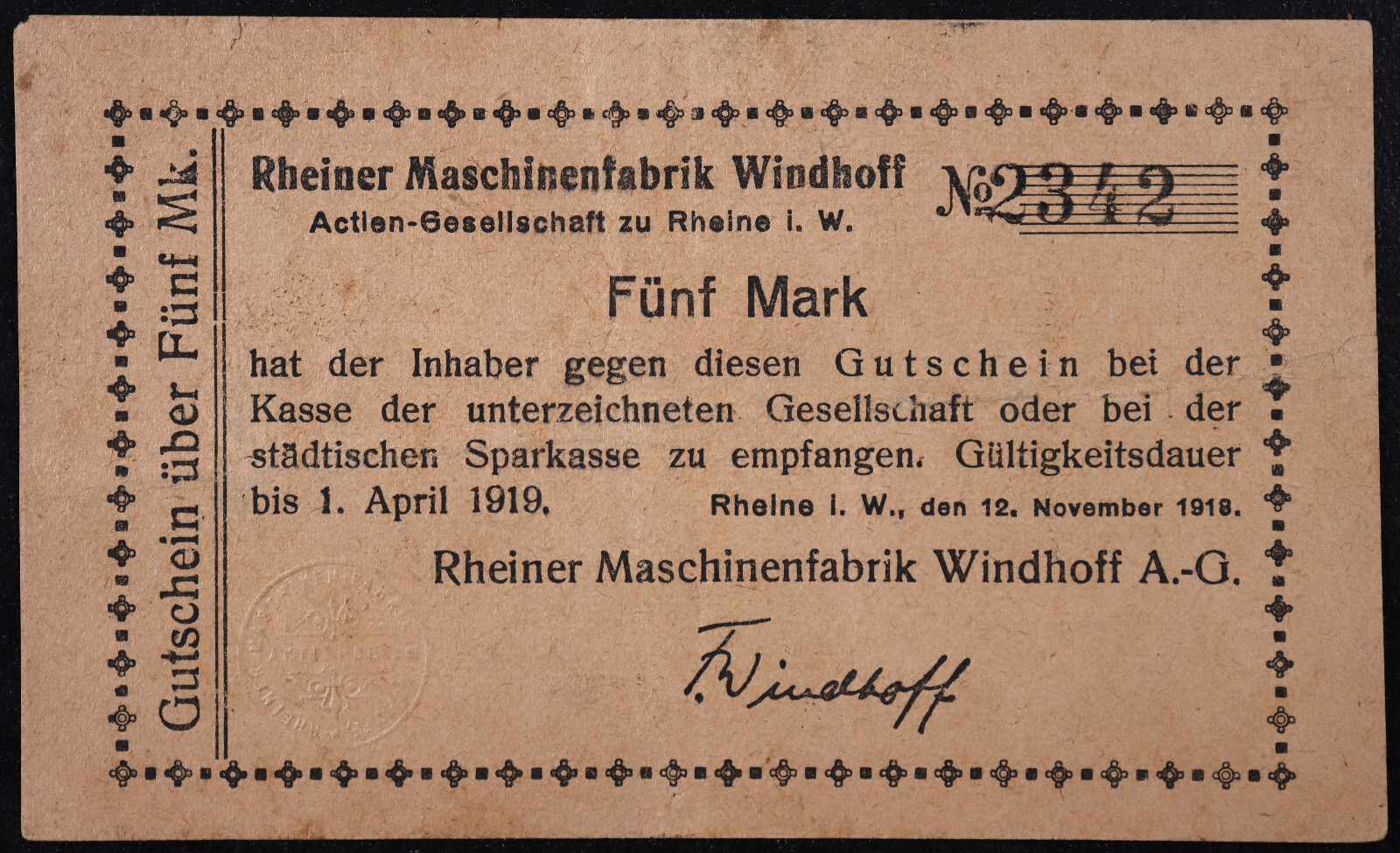 RHEINE 1918 "Rheiner Maschinenfabrik Windhoff" 5 Mark Grossnotgeld Germany