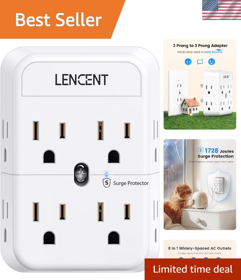 8-Outlet Surge Protector & Adapter - Converts 2 to 3 Prong, Wall-Mountable