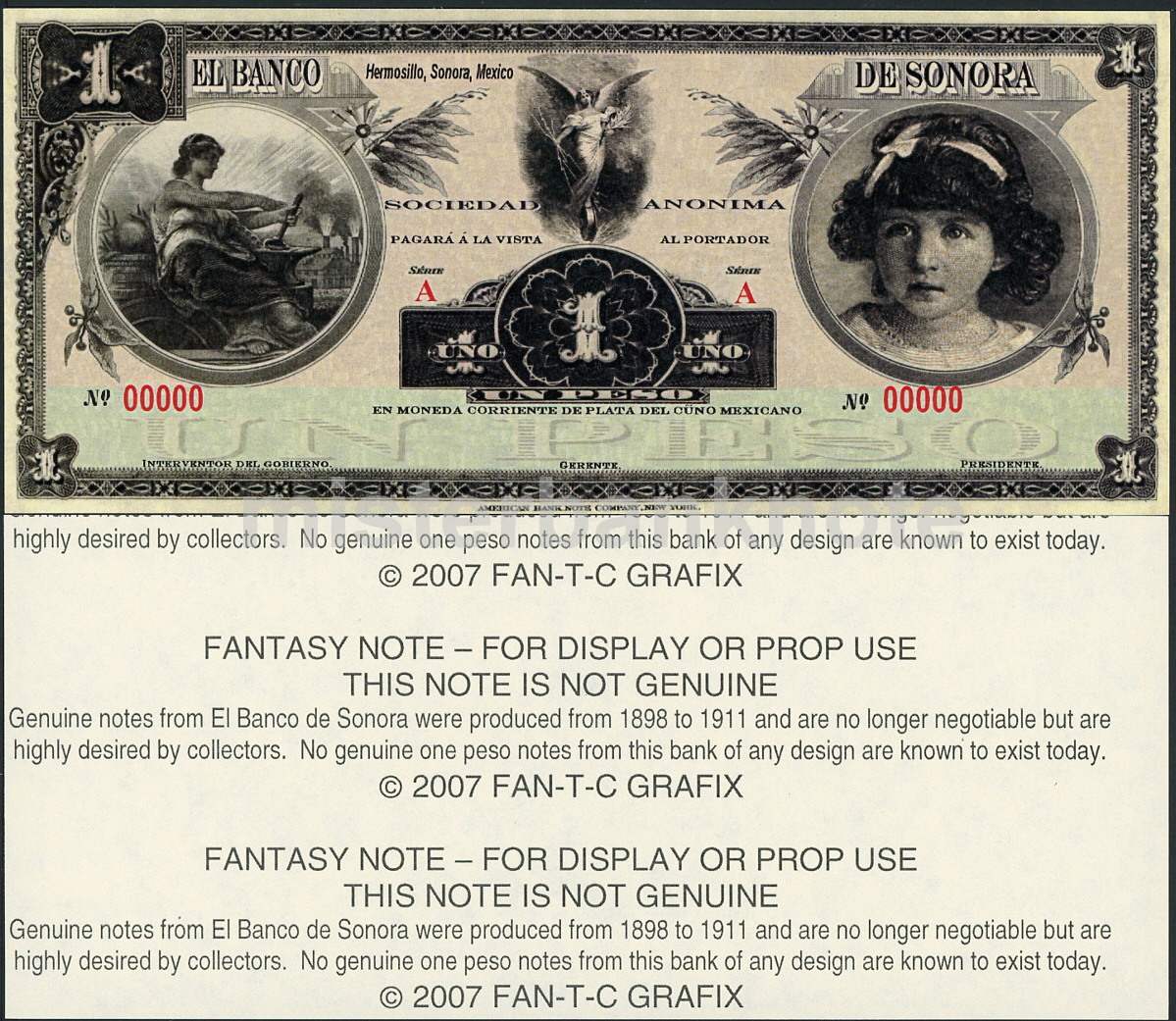 SUPERB SONORA, MEXICO 1 PESO ARTISTIC CONCEPT FANTASY ART NOTE - ONLY 100 MADE!