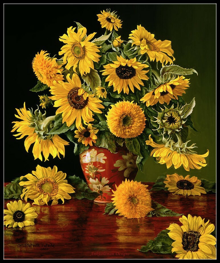 Sunflowers in a Crimson Vase - Chart Counted Cross Stitch Patterns Needlework