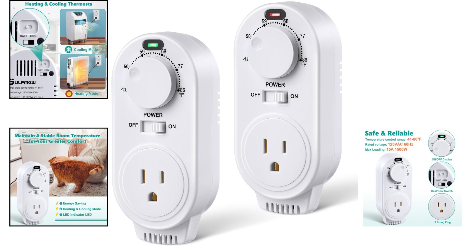 Gulfmew 2 Pack Adjustable Thermostat Plug In Heating Cooling Outlet White