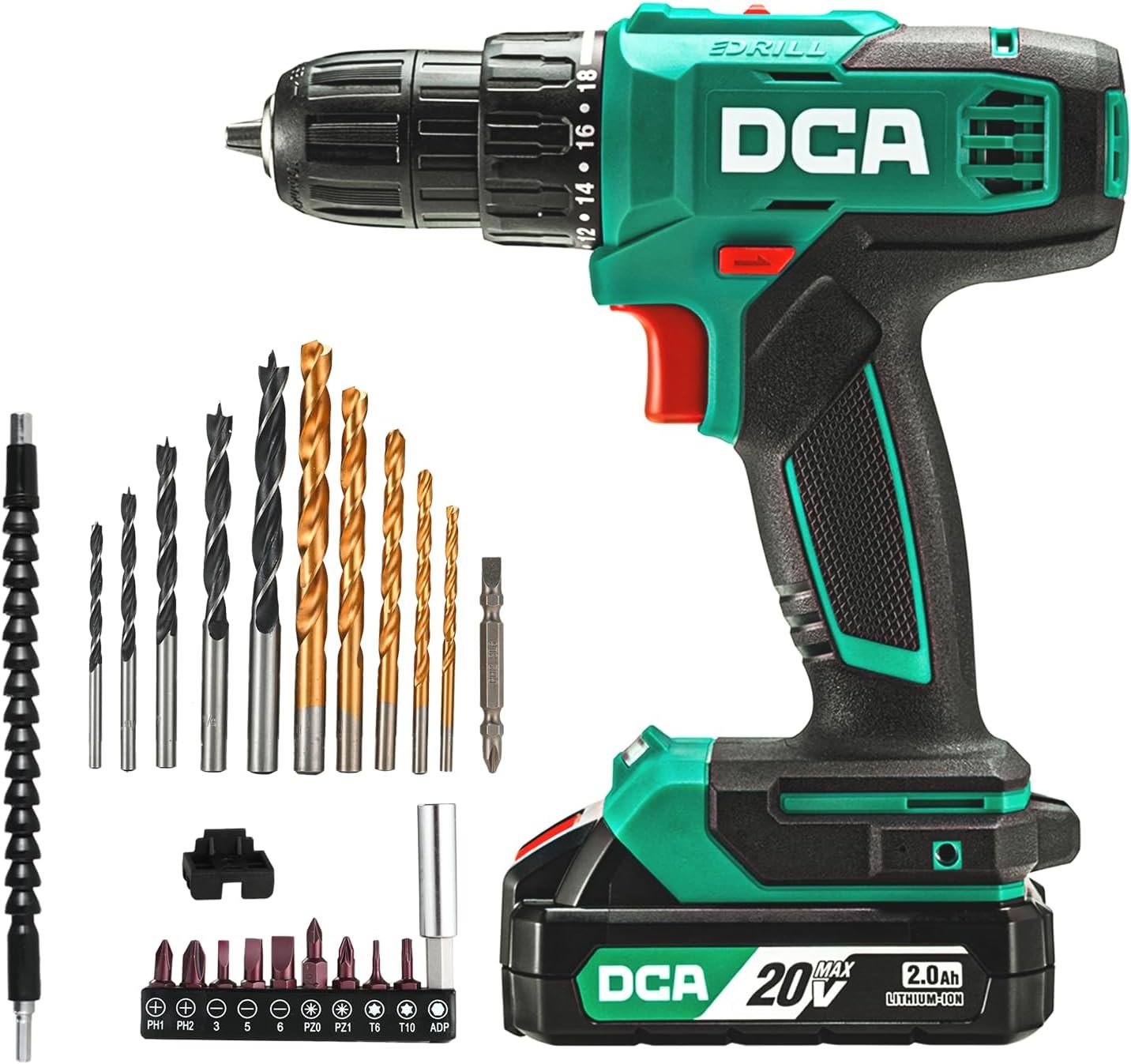 DCA Cordless Drill Set, 354 in-lbs Torque, 3/8" Keyless Chuck, Electric Power Dr