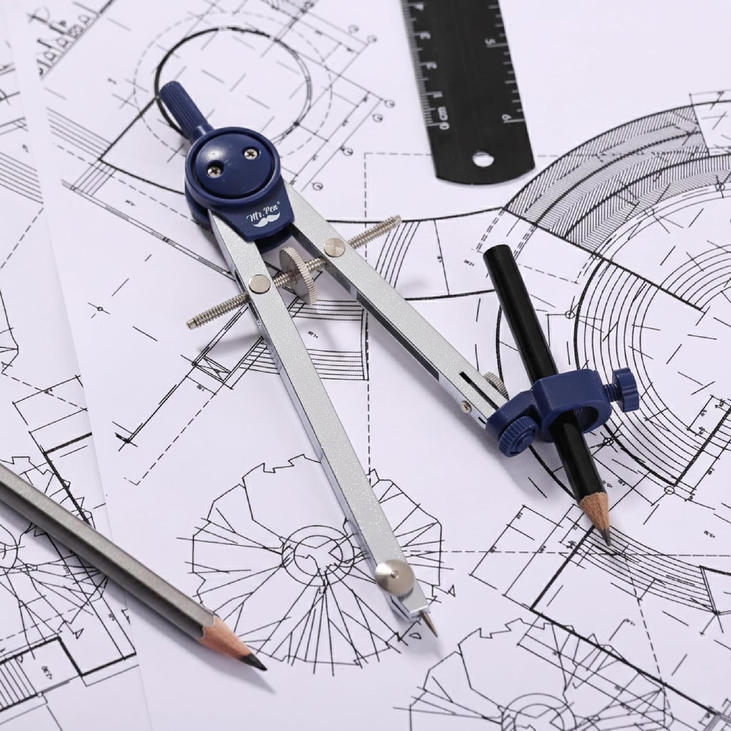 Mr. Pen- Compass for Geometry, with Pencil, Drawing Silver