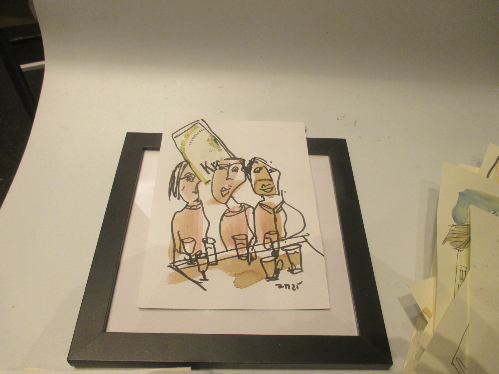 People At The Counter Original Signed Drawing Expressive Fineline 21x15cm