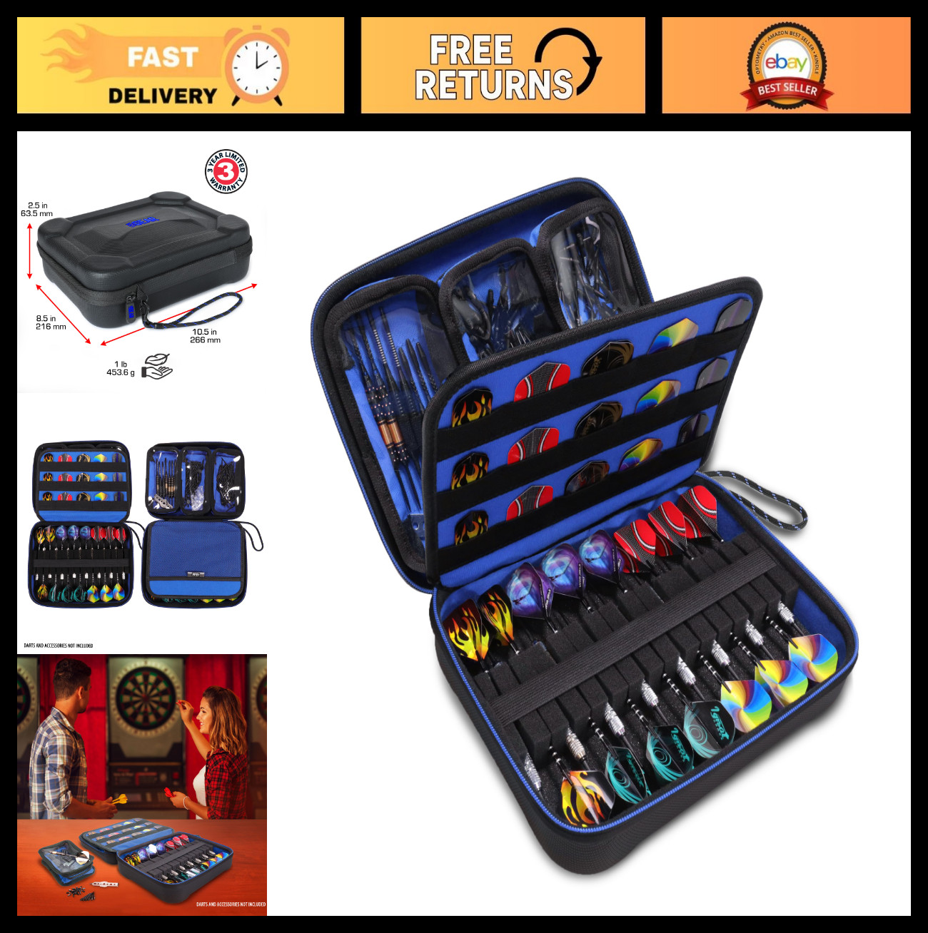 XL Semi Hard Shell Dart Case - Protective Storage for 15-Piece Dart Set, Tips &