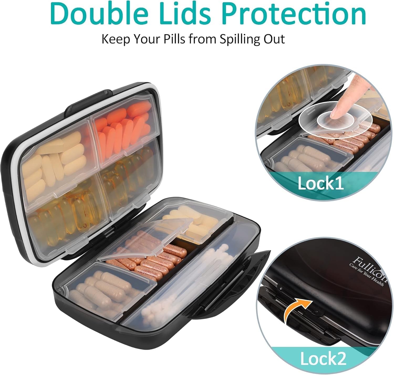 Travel Pill Organizer Large Portable Medication Oversize 8 Compartment Pill B...