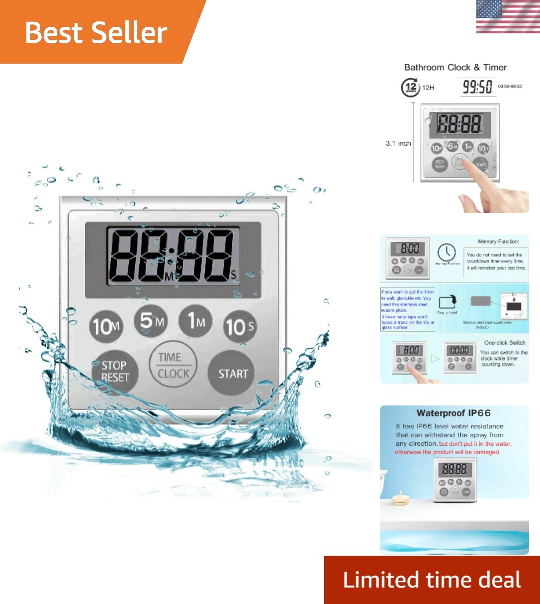 Digital Timer Waterproof Shower Timer Shower Clock Bathroom Kitchen Timer wit...