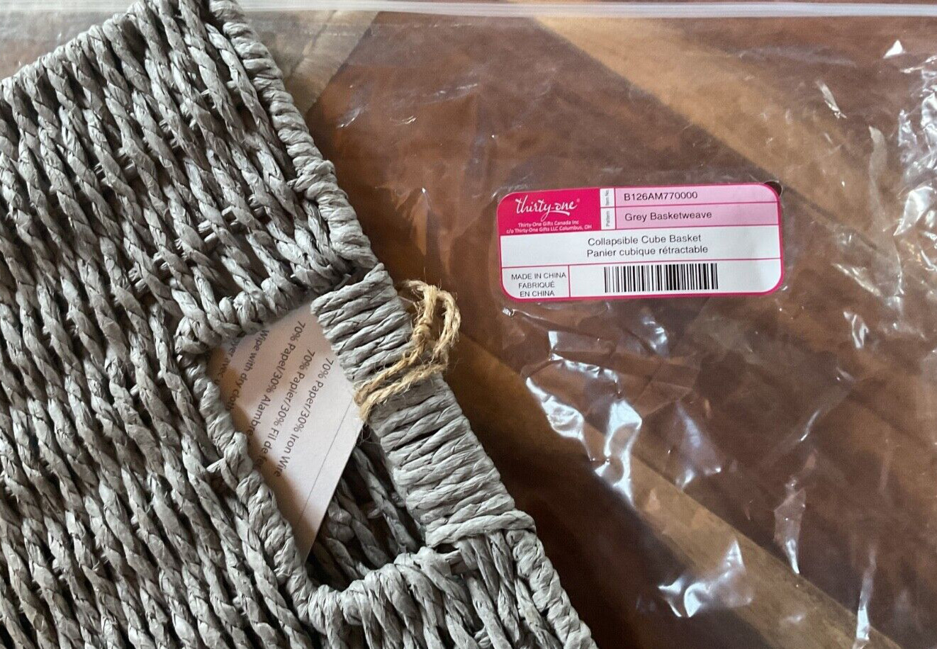 Thirty One - Collapsible Cube Basket - Grey Basketweave - NWT