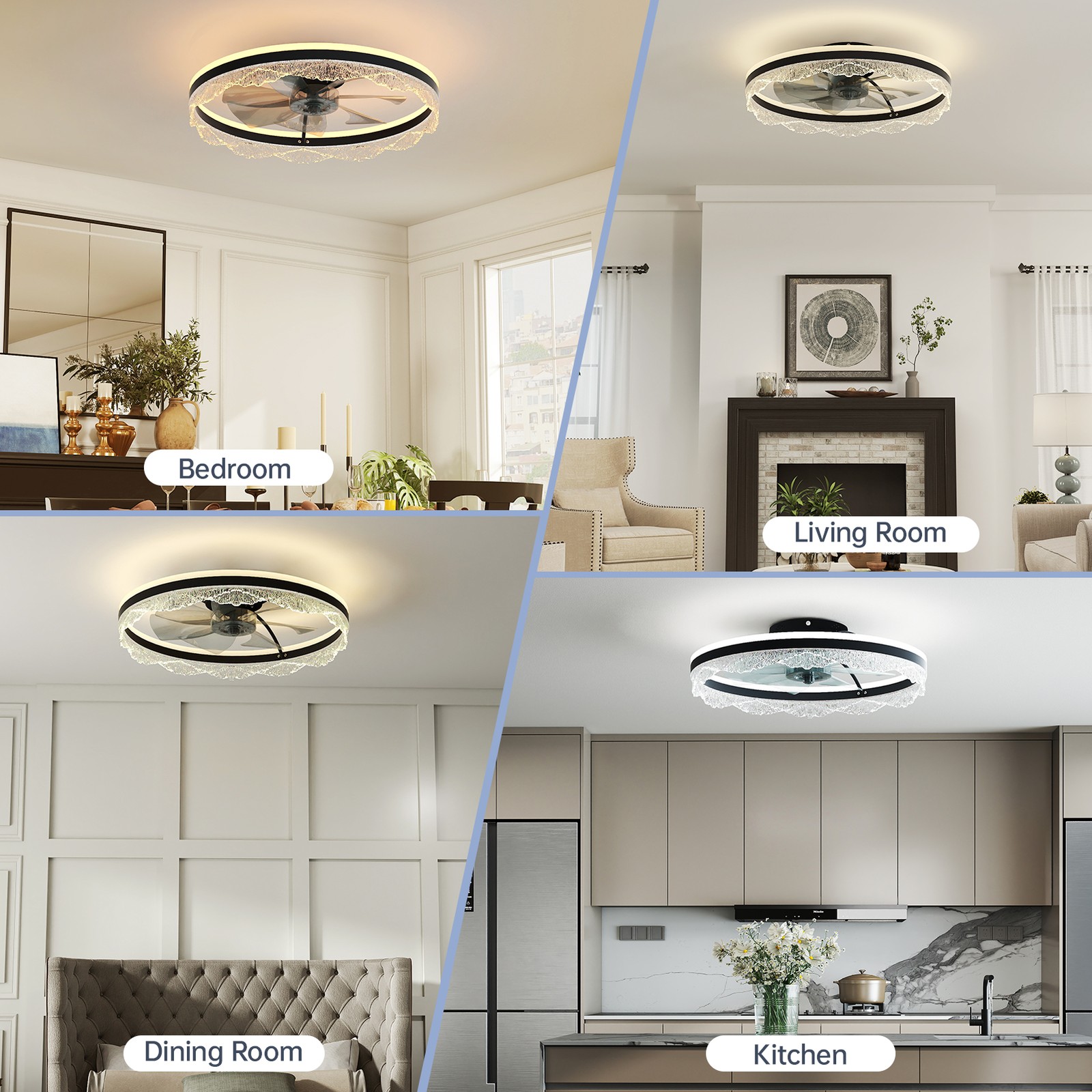24" Flush Mount Modern Ceiling Fan Light LED Dimmable Lamp Fixture Kit w Remote