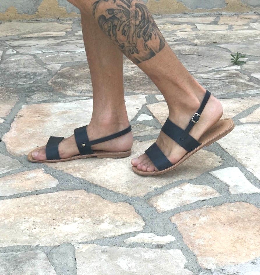 Share Mens Black Leather Strap Slide Sandals Slides Day Night Dress Greek Casual