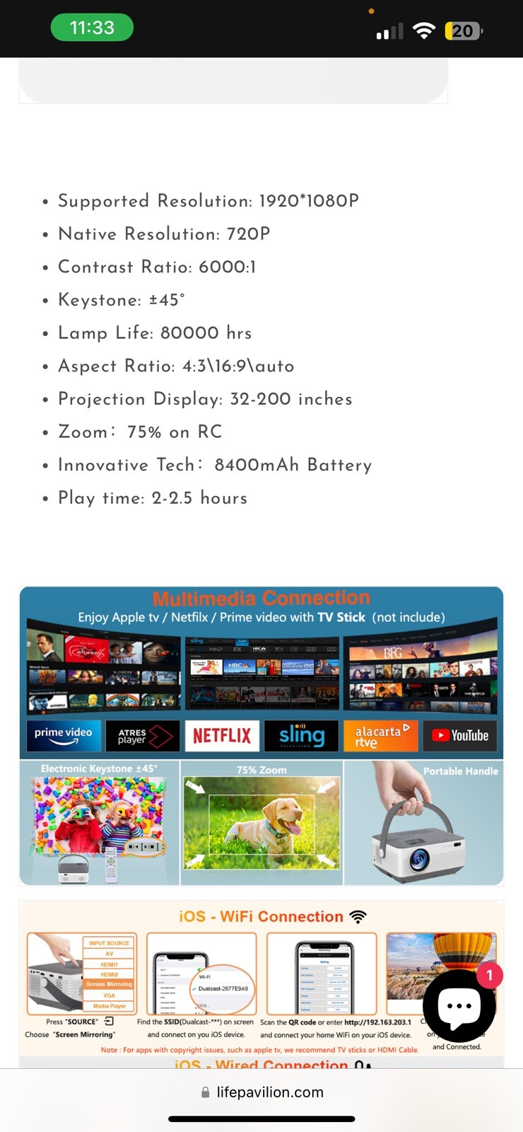 Fangor F-601 Wi-Fi / Bluetooth Projector