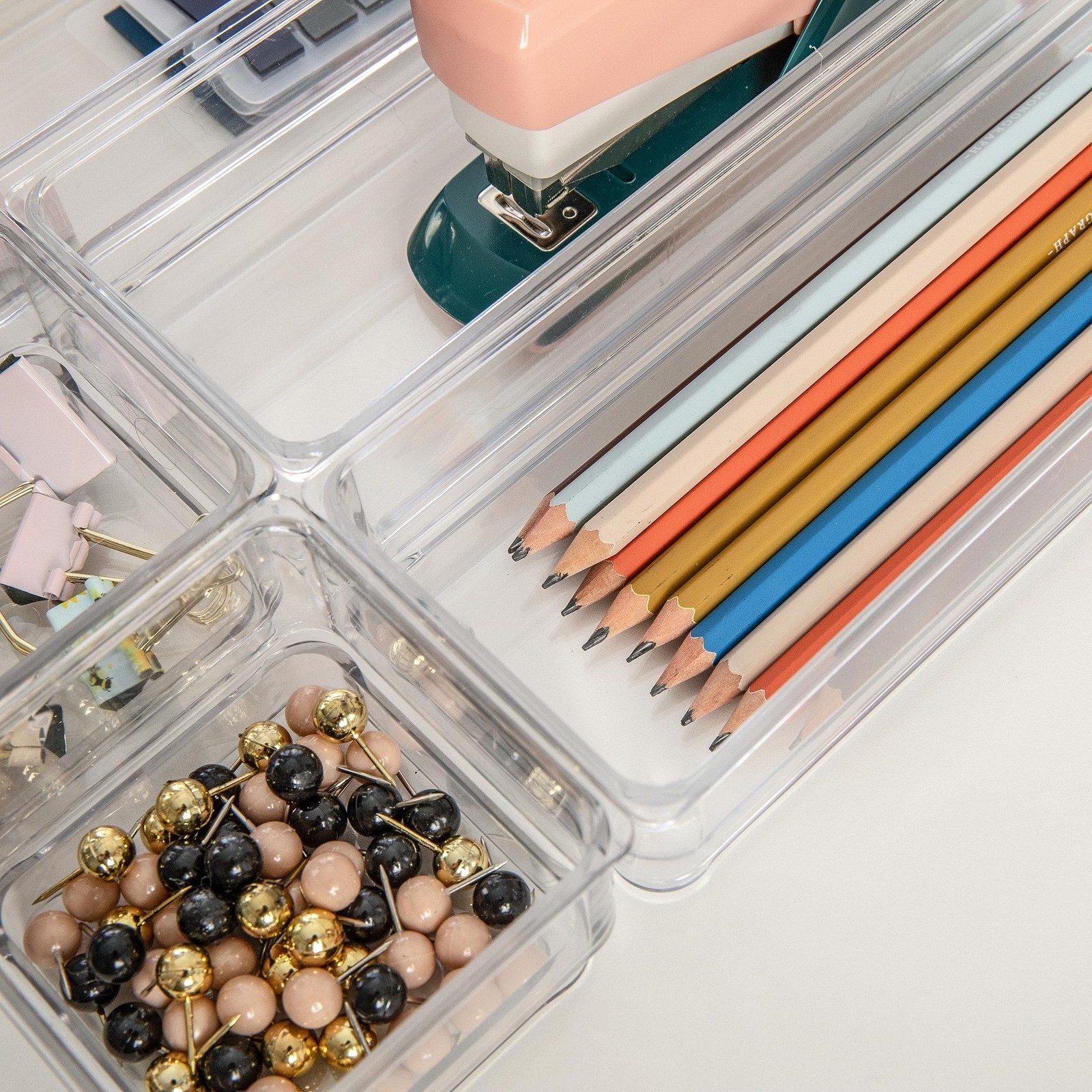 Martha Stewart Miles Stackable Desk Drawer Organizers, Clear, 6-Pack
