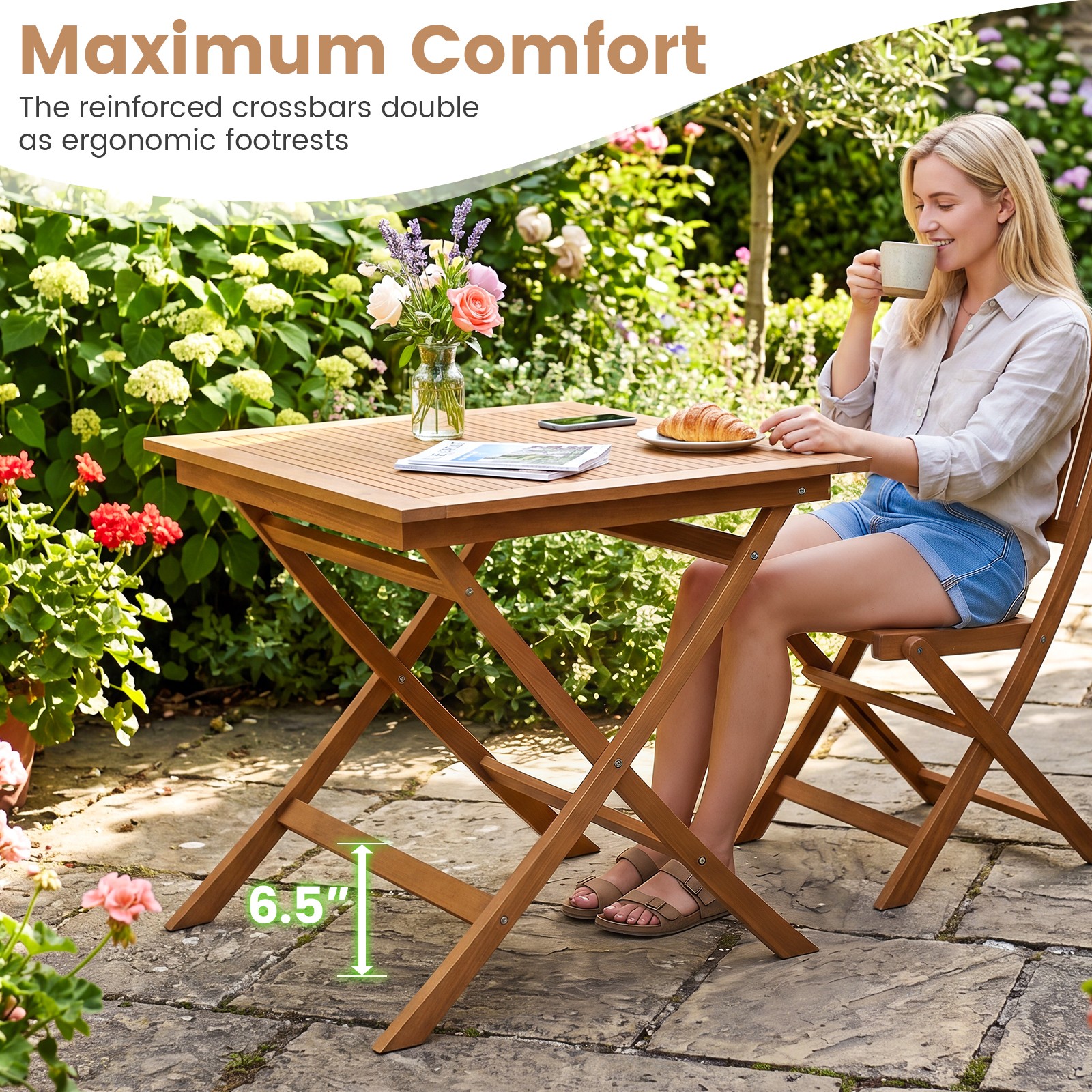 Solid Teak Wood Folding Outdoor Table, 32-Inch Square Patio Dining Table for 4