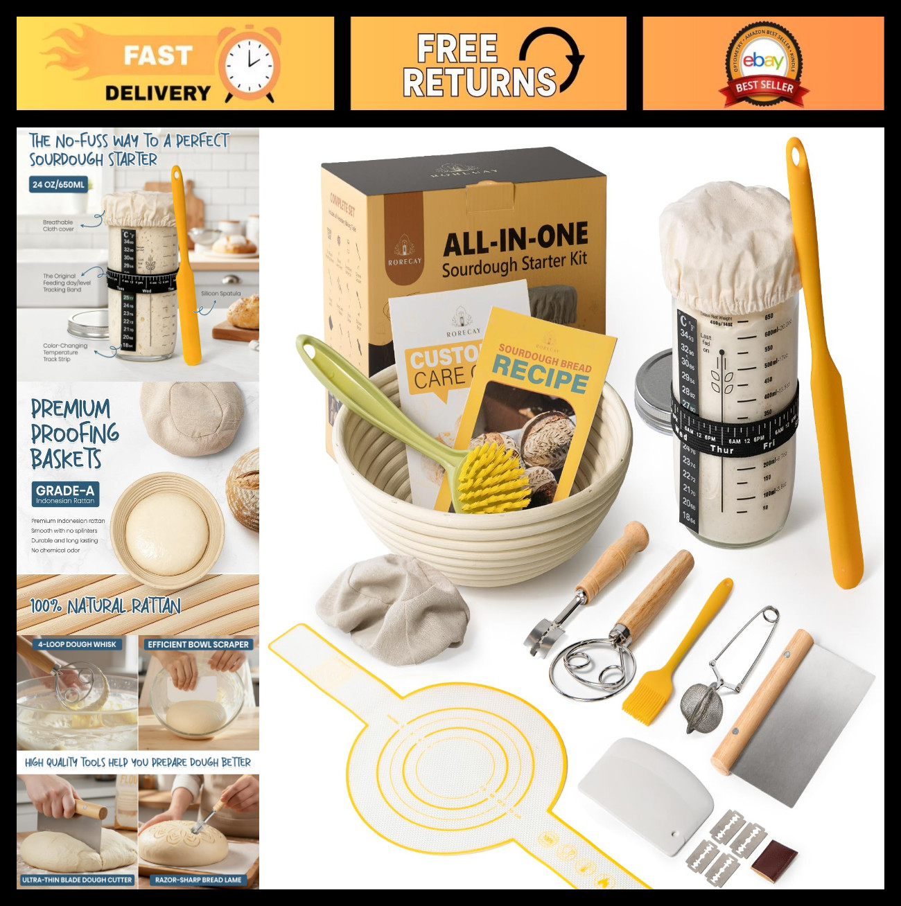 Sourdough Starter Kit with Proofing Basket & 24oz Jar - Baking Tools for Bread L