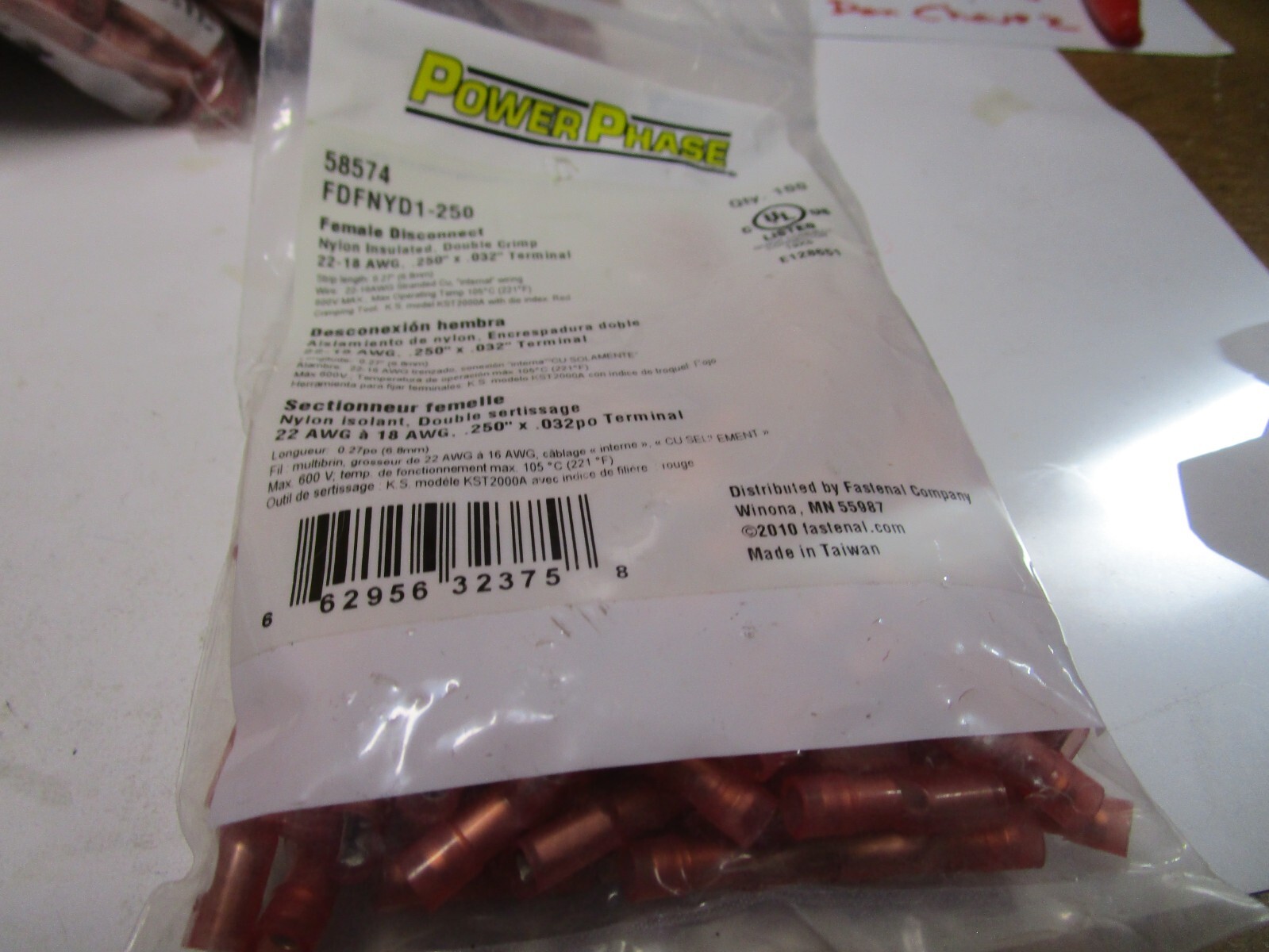 22-16 AWG Red Nylon Fully Insul Quick Connect-Double Crimp F Disconnect QTY 100