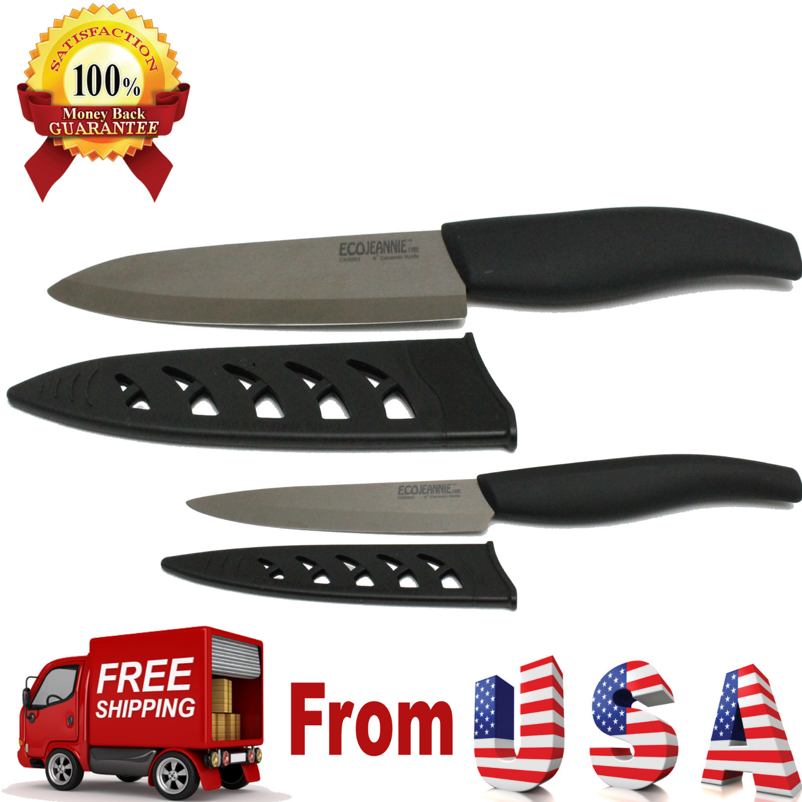 EcoJeannie Ceramic Knife Set-6" Chef's & 4" Pairing Knives+Hard Covers