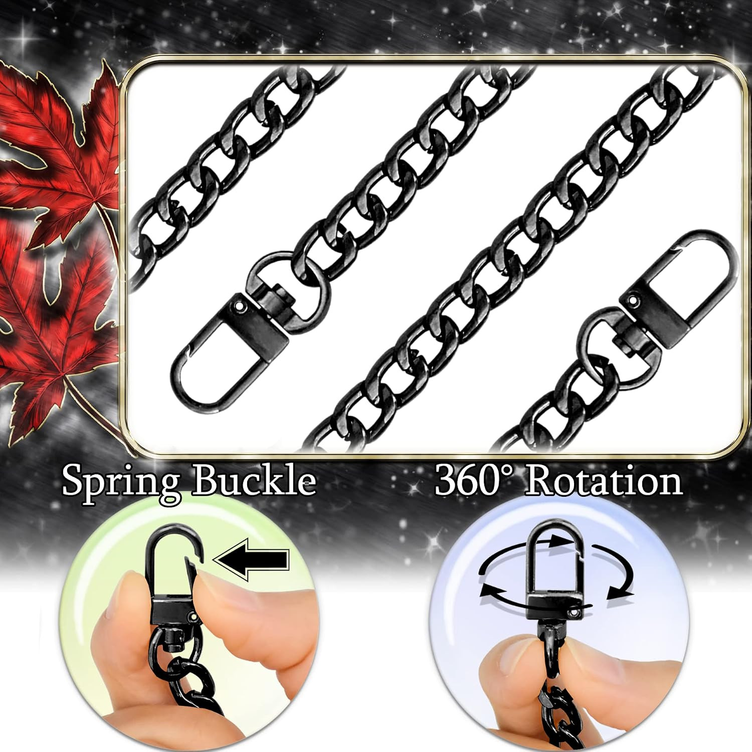 4 Different Sizes Black Flat Purse Chain Strap | Chains with Metal Buckles Hook