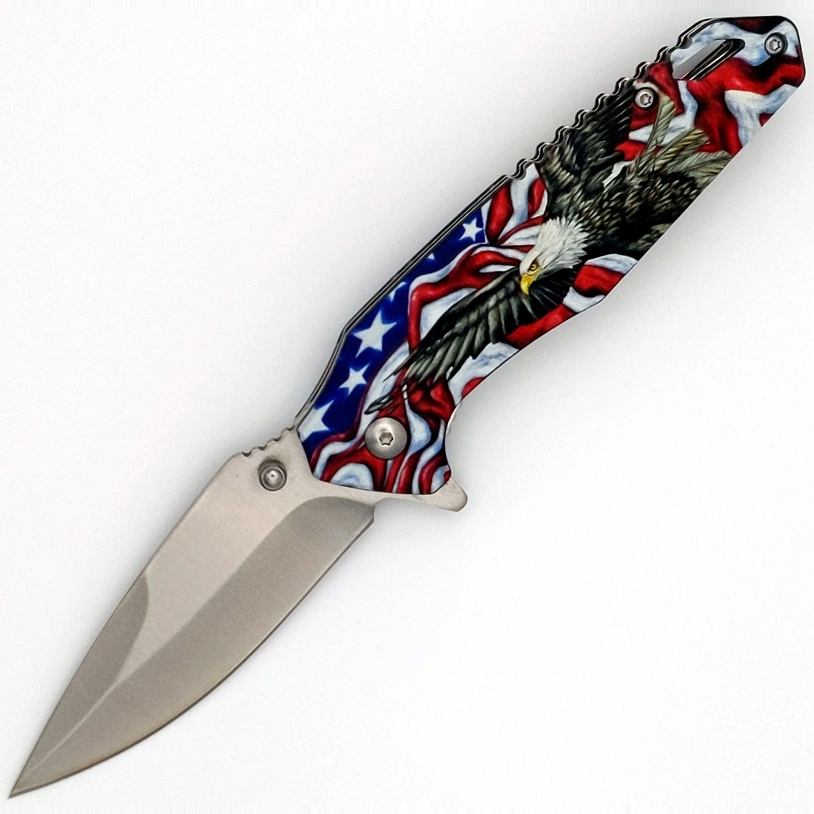 Spring-Assist Folding Knife | 3" Drop Point Blade USA Flag Bald Eagle EDC