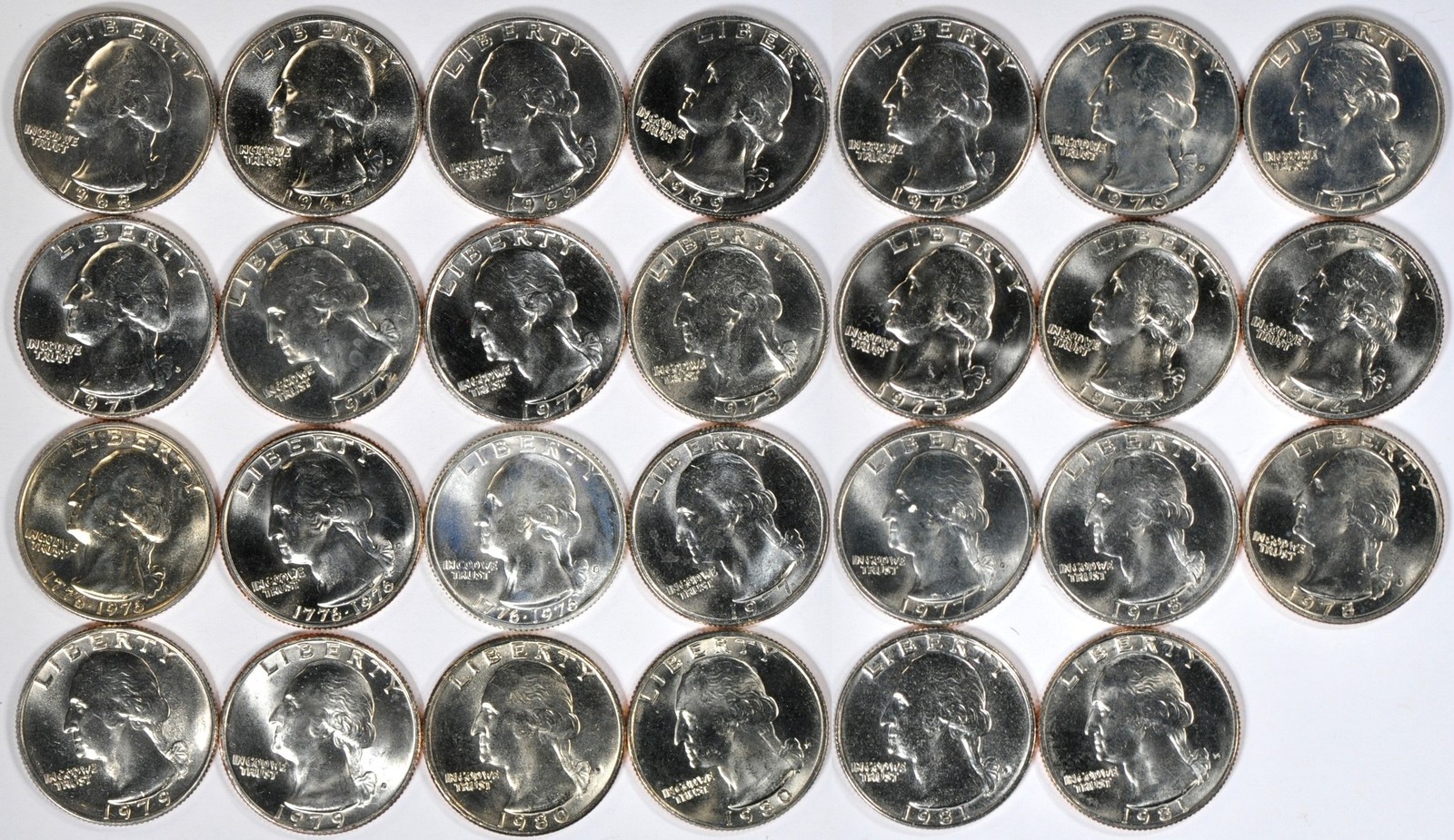 (27-Coin Set) 1968-1981 P,D 25C Washington Quarters Set (Incl. Silver 1976S) ...