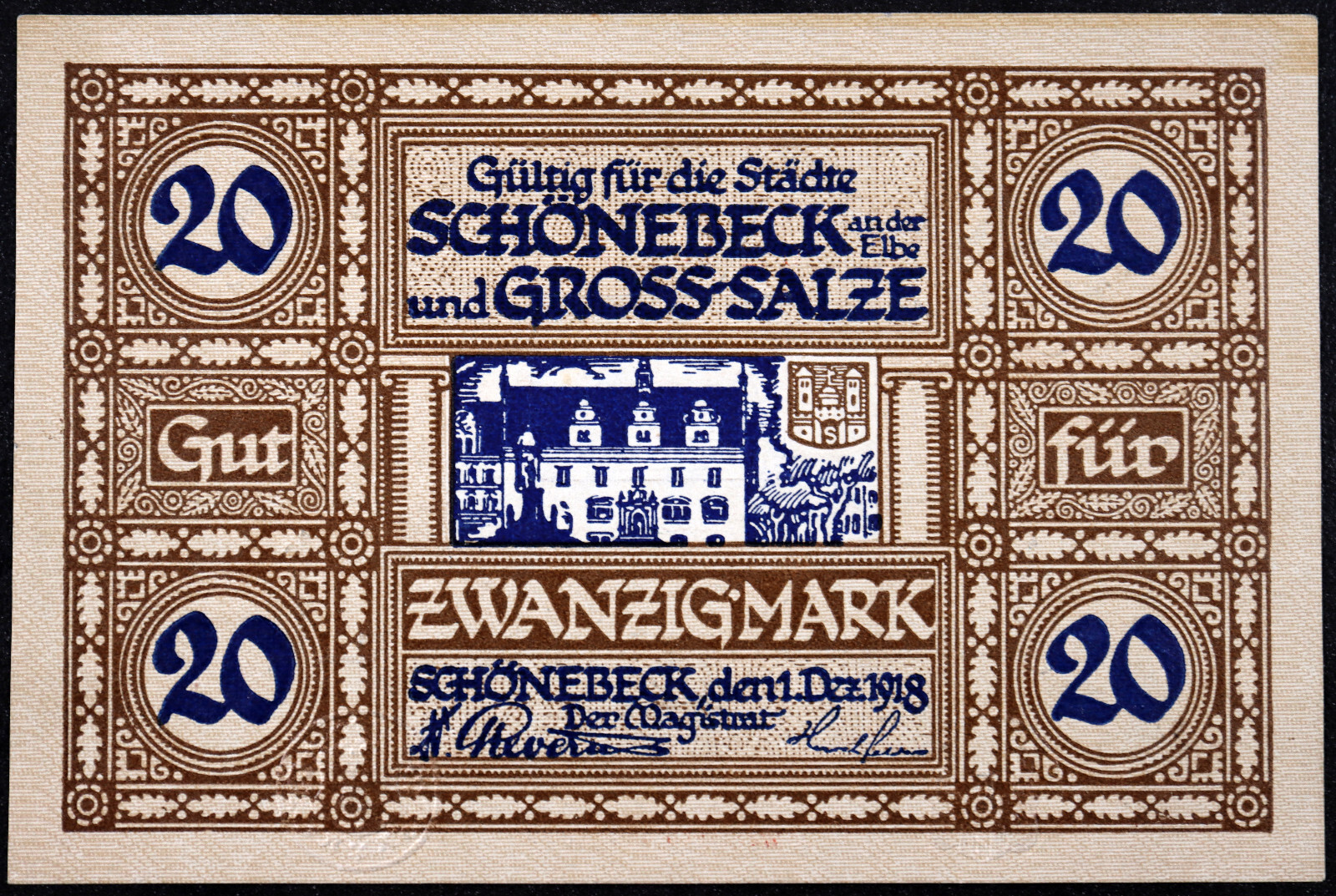 SCHÖNEBECK and GROSS-SALZE / BAD SALZELMEN 1918 20 Mark Grossnotgeld Germany