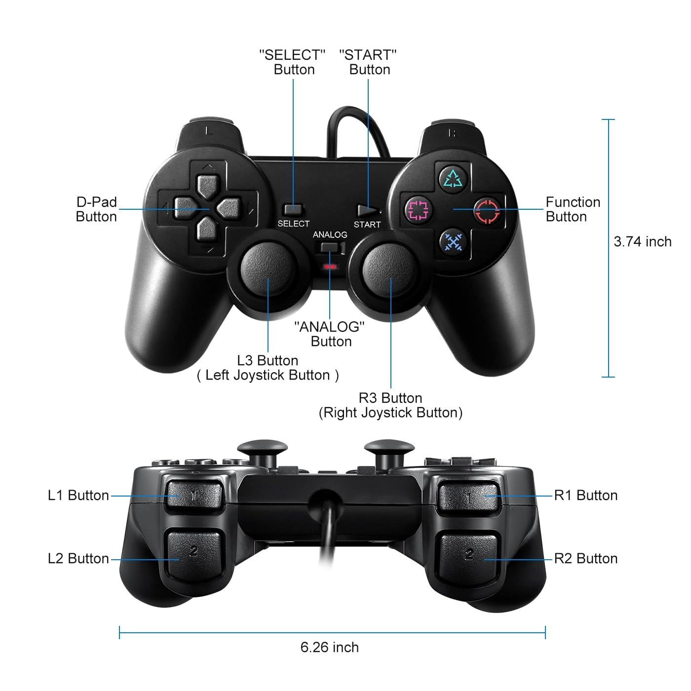 Wired PS2 Controller 2 Pack for PS2, PS2 Slim, PS1 with Dual Vibration Feature
