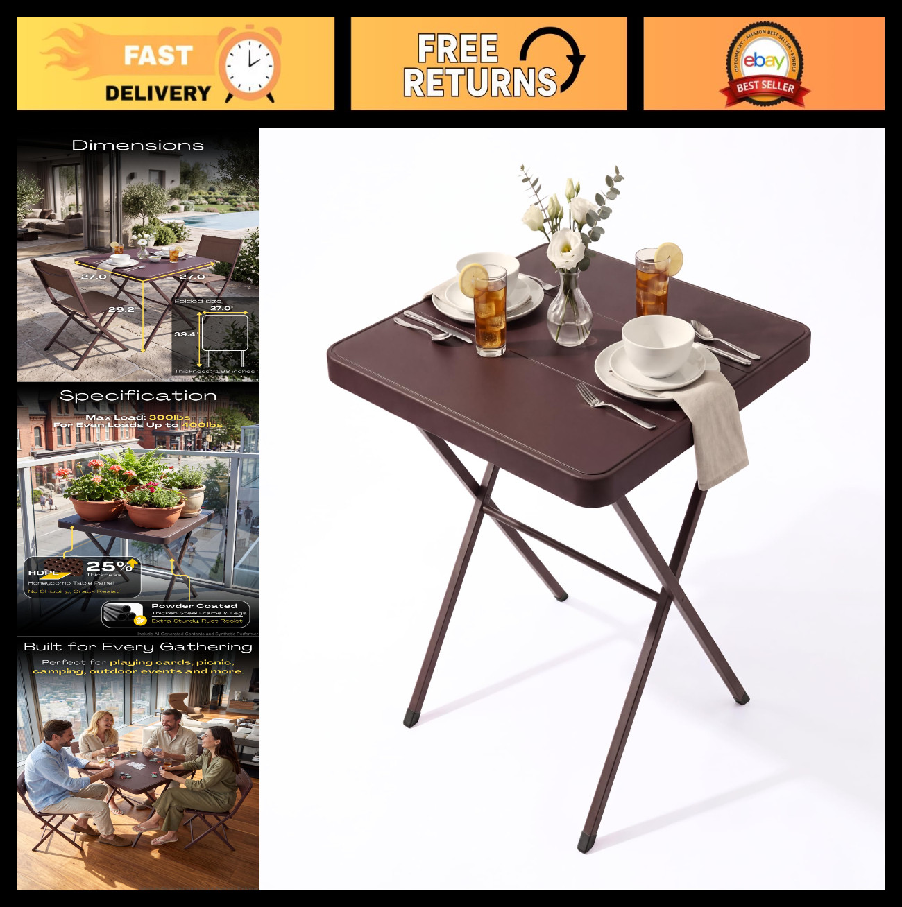 Heavy Duty 27" Square Folding Table - Portable, No Assembly, Indoor/Outdoor Use,