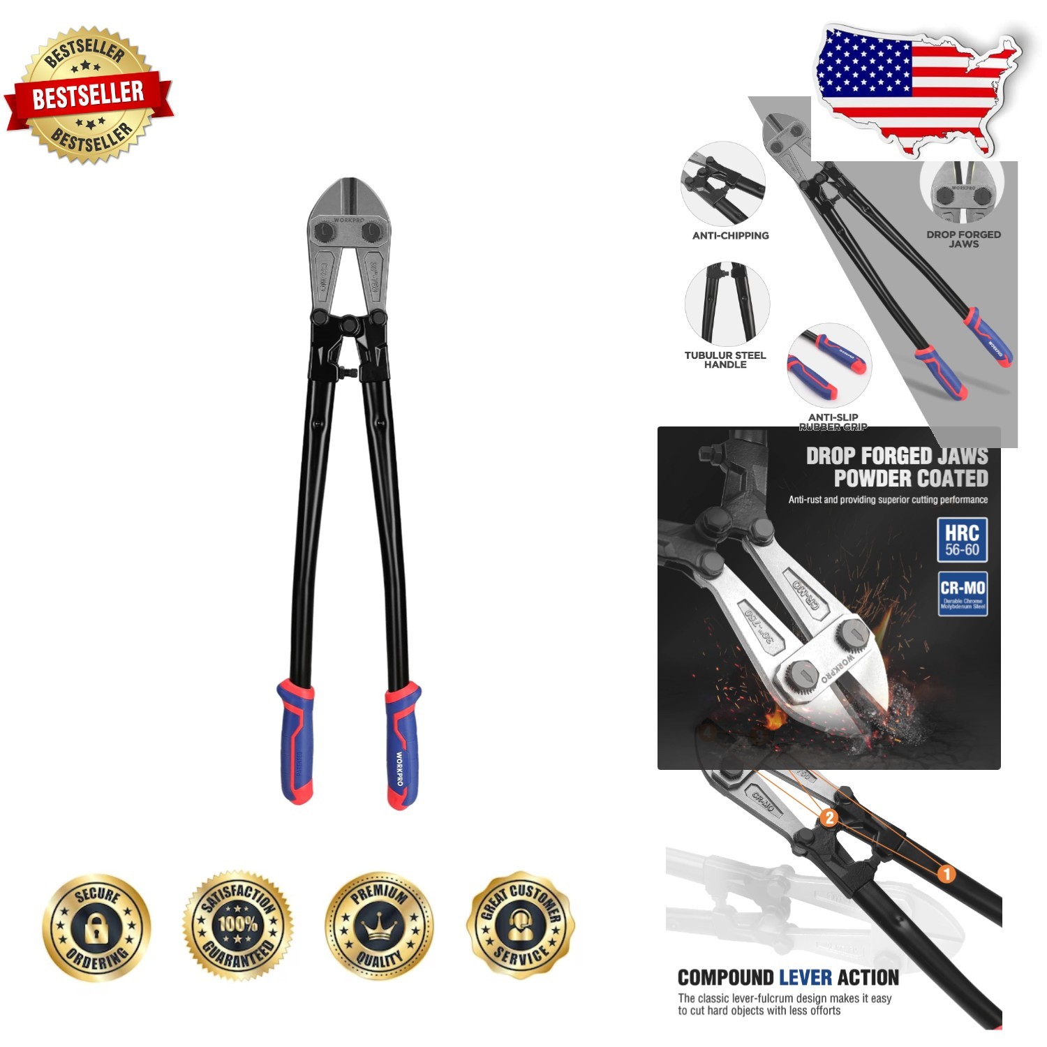 Heavy Duty 30" Bolt Cutter, Chrome Moly Steel, Compound Action, Max Cut 25/64"