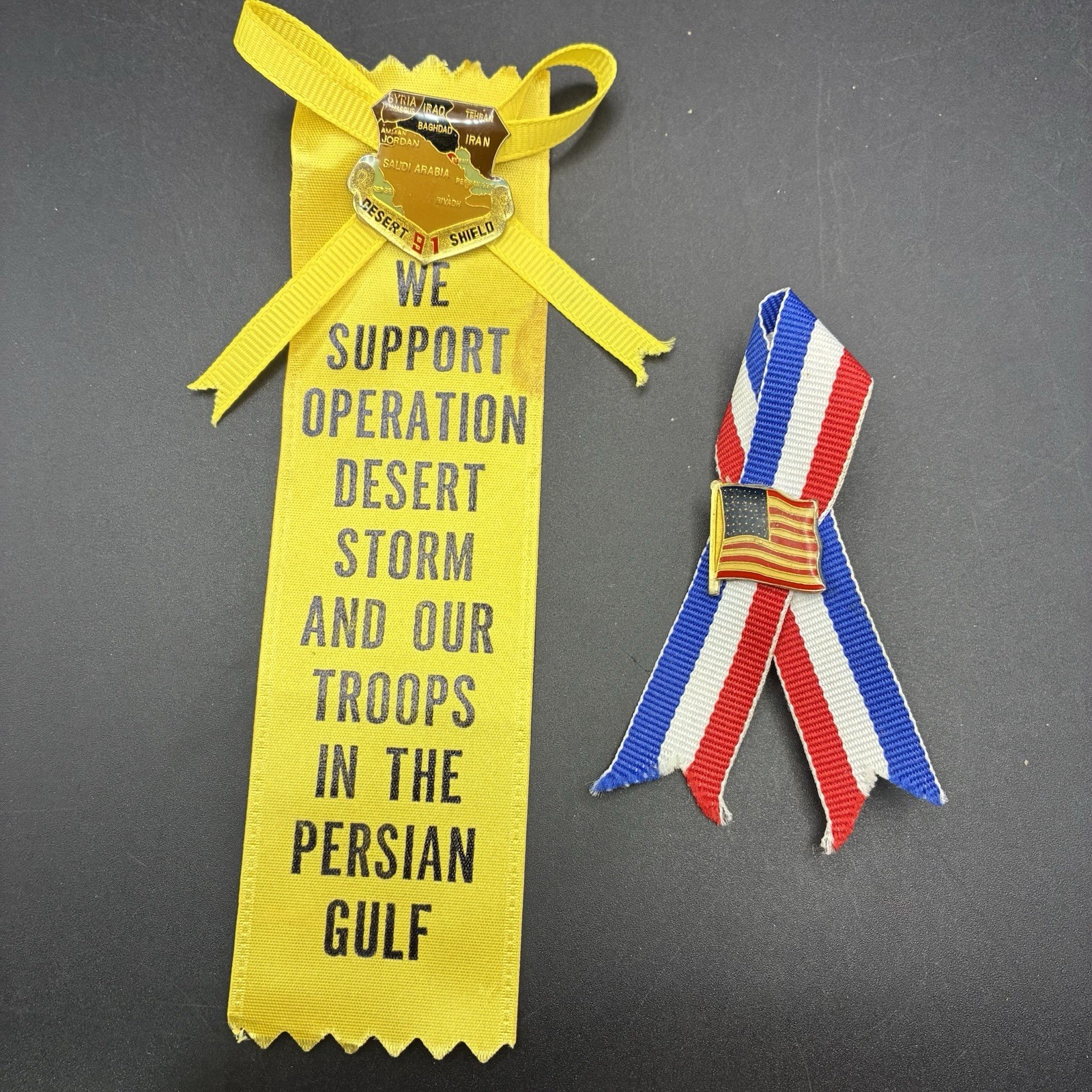Vintage 1991 Desert Storm 91 Lapel Hat Pin, Military Army Troops,+ Ribbon & Flag