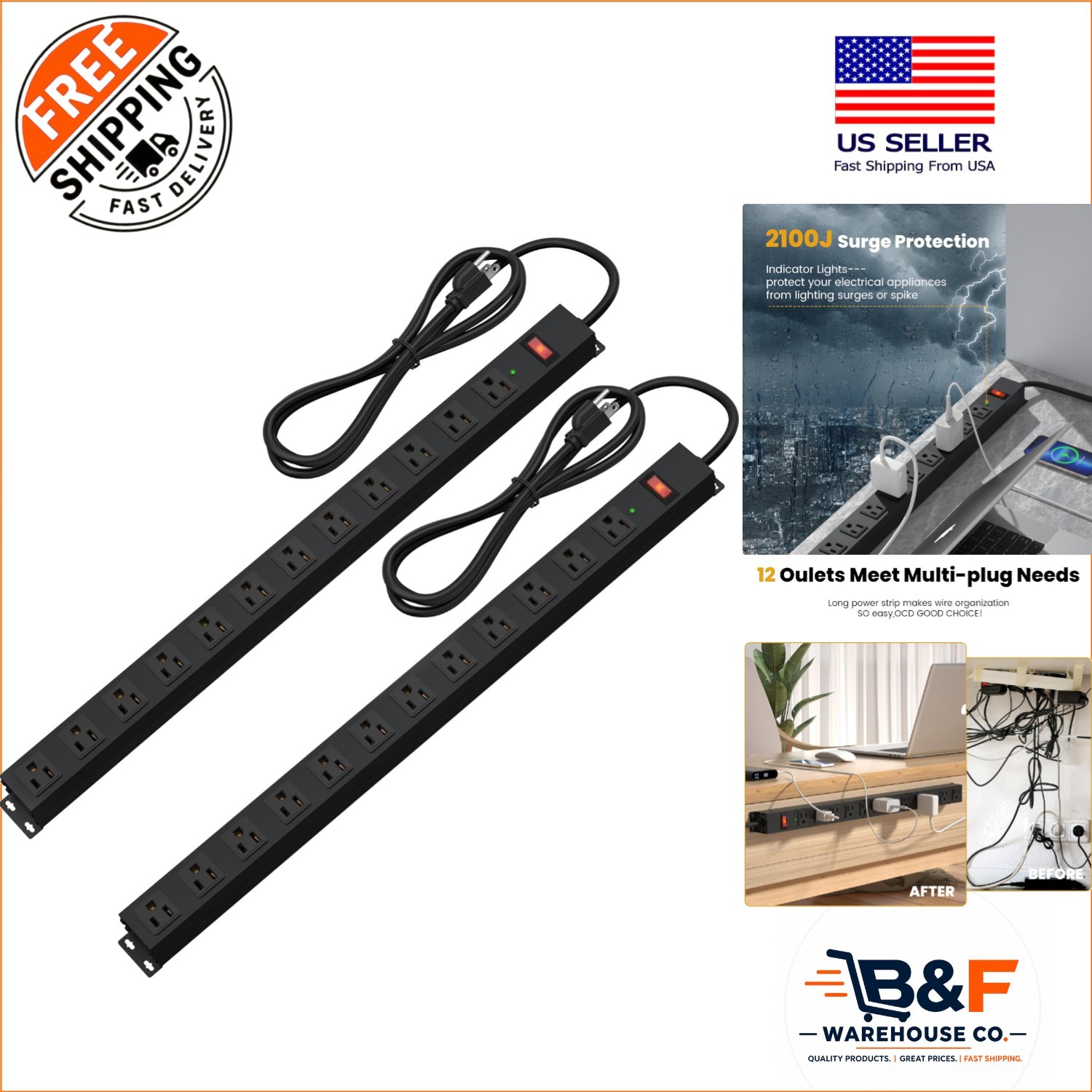 Heavy Duty 12 Outlet Power Strip with Overload Protection - 2100 Joules, 2 Pack