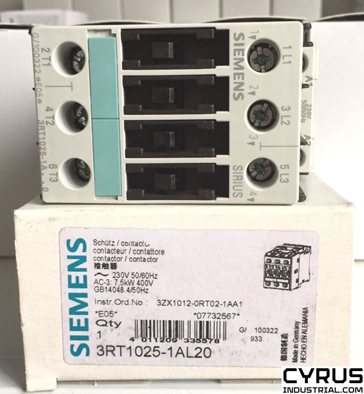 Siemens 3RT1025-1AL20 Power contactor, AC-3 17 A, 7.5 kW / 400 V 230 V AC, 50/60