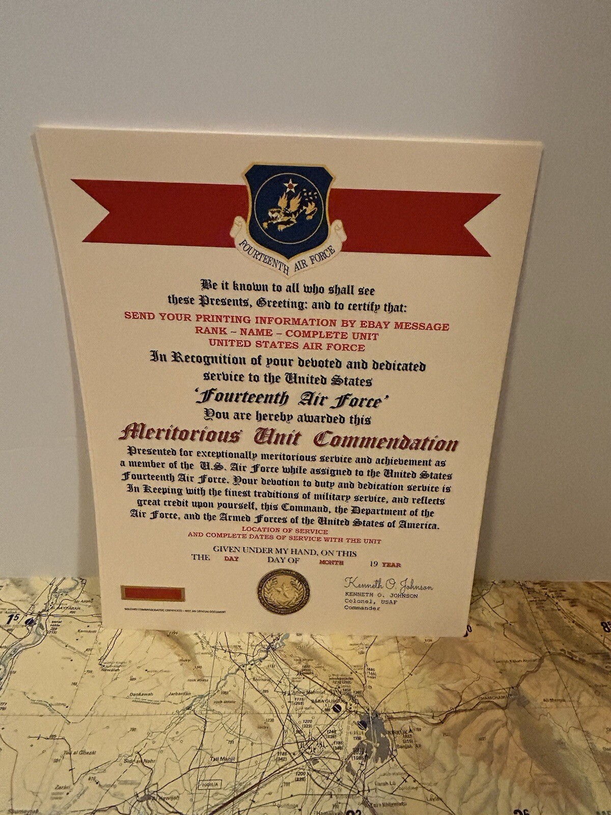 U.S. AIR FORCE / 14TH AIR FORCE - MERITORIOUS UNIT COMMENDATION CERTIFICATE