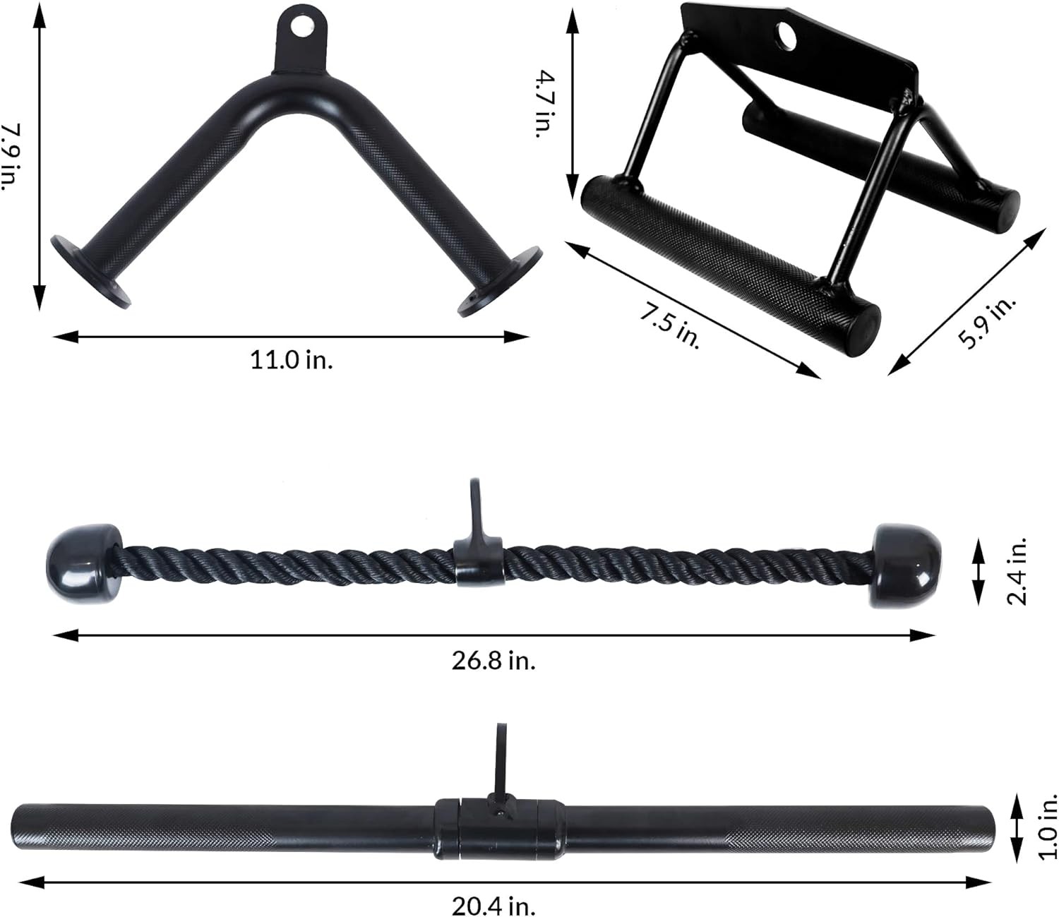 Tricep Press Down Cable Attachment, LAT Pulldown 4-Piece Set, Black