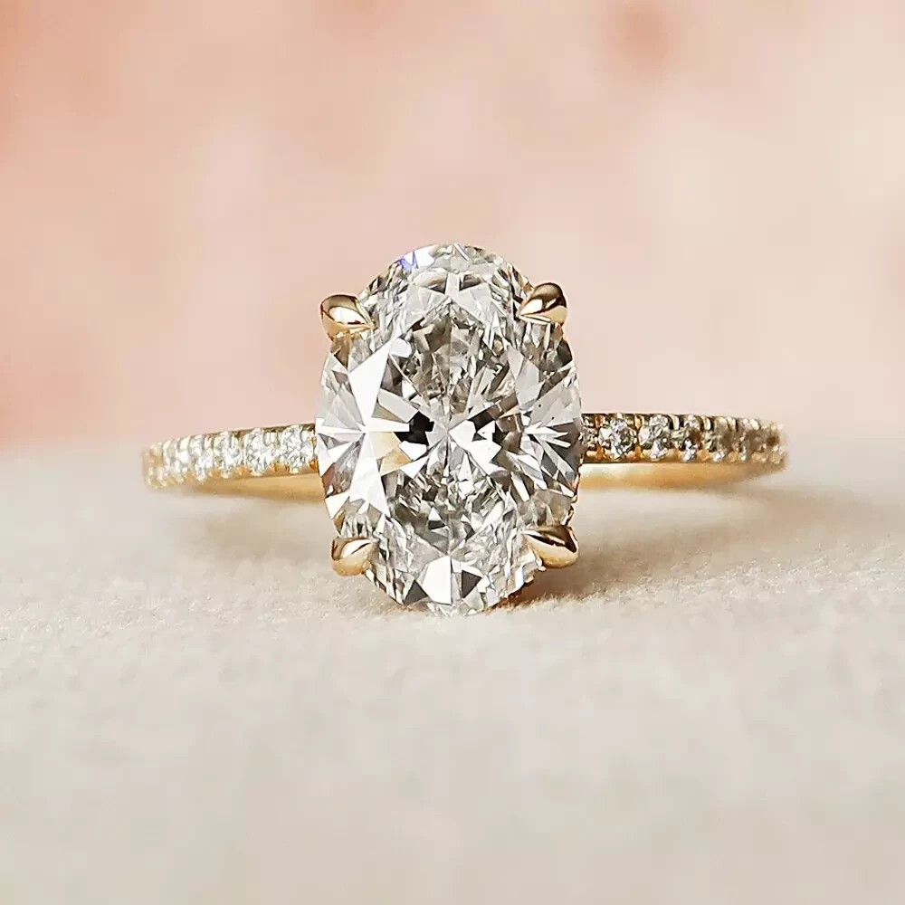 3.44 TCW Oval Cut Moissanite Hidden Halo Engagement Ring 14k Yellow Gold Plated