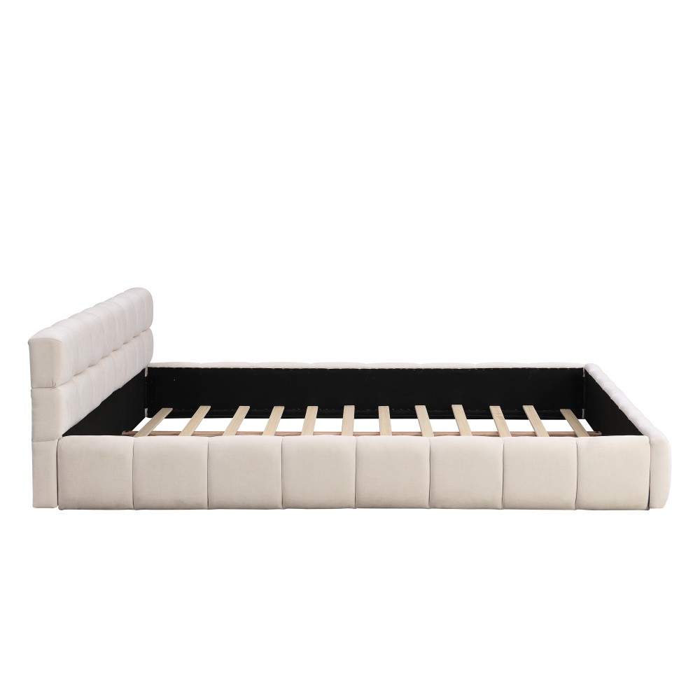 King Size Chenille Upholstered Bed w/ Checkerboard Headboard, Beige