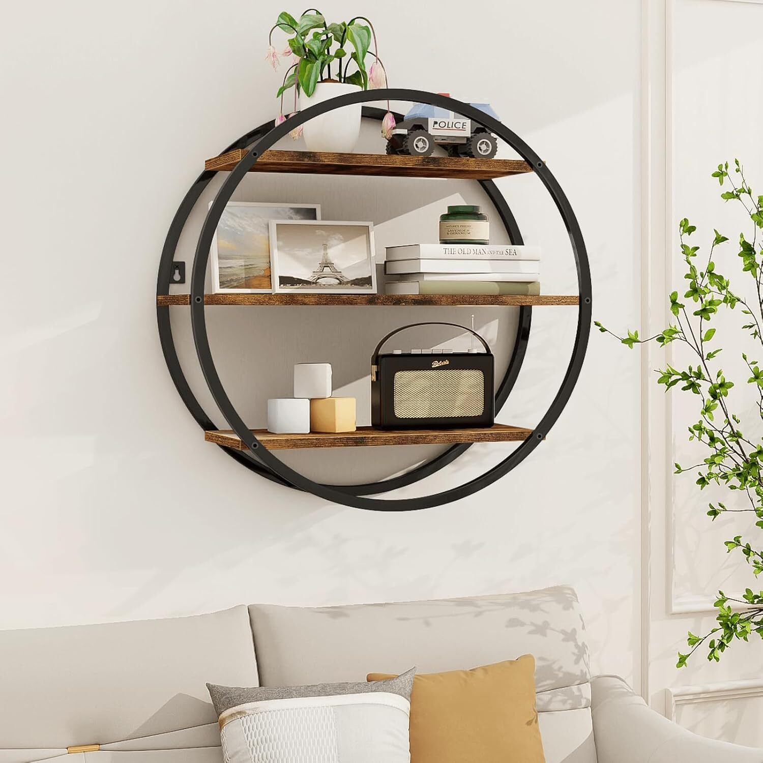 Floating Shelf, 3 Tiers of Decorative Geometric Round Metal, Rustic Brown