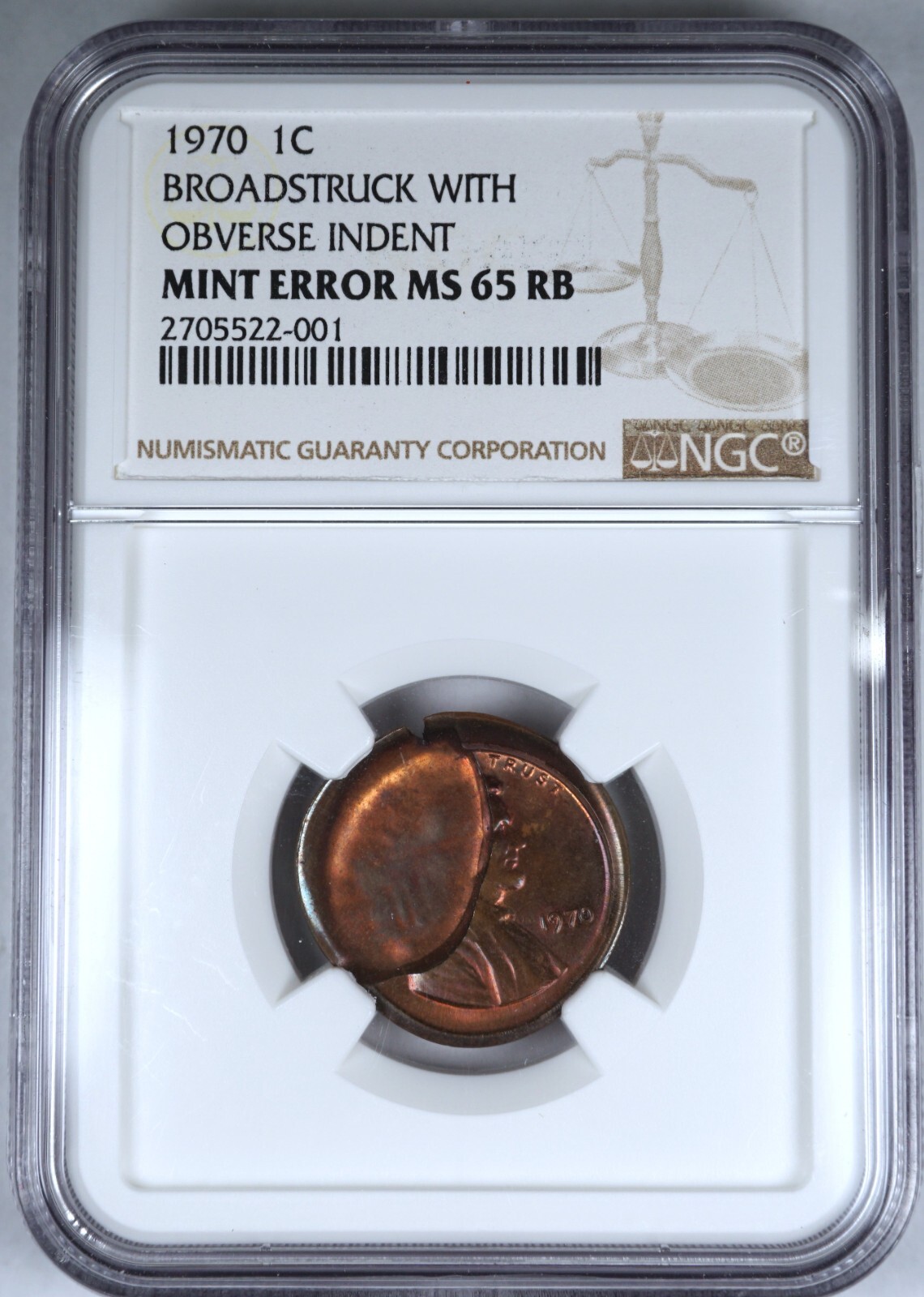 1970 1c Cupped Massive Broadstruck with Indent Cap Rare Mint Error NGC MS65RB