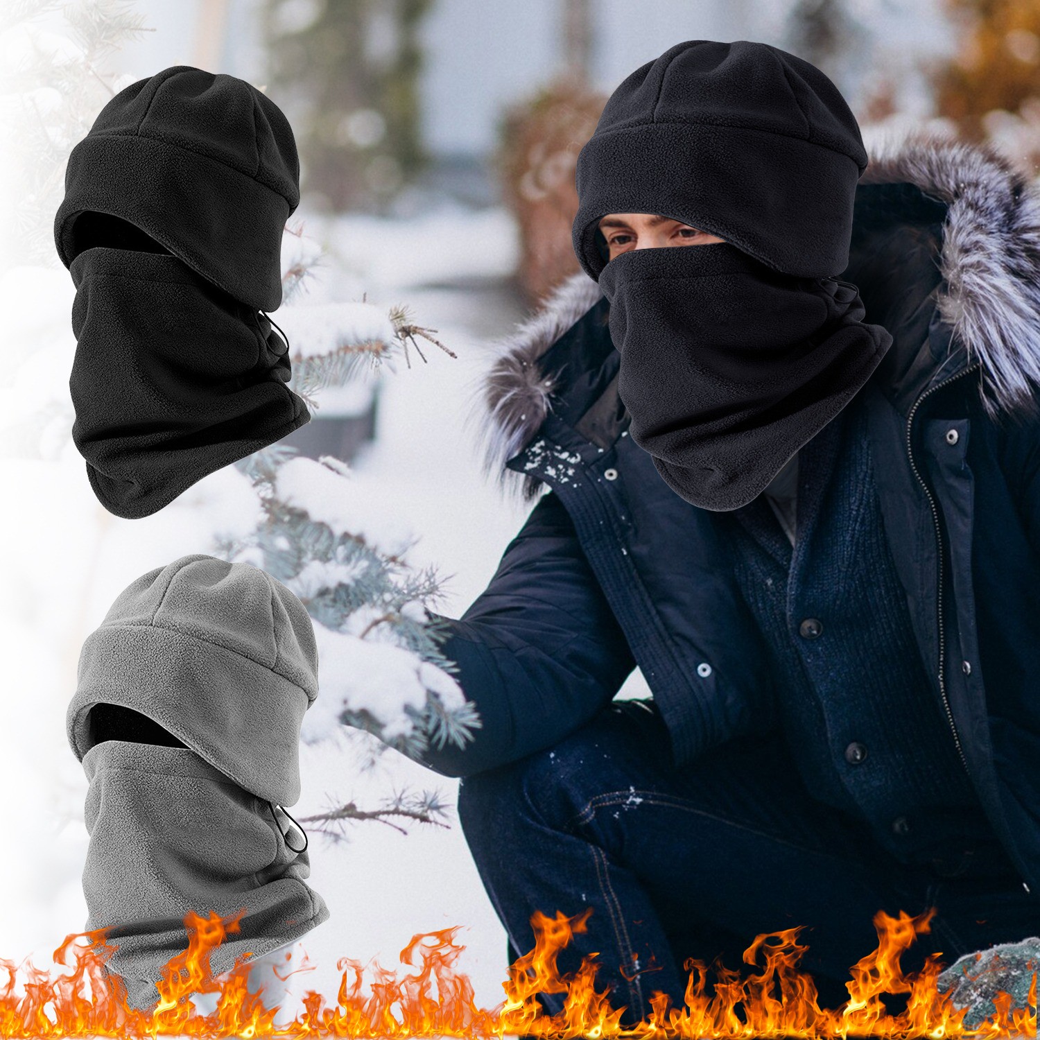 Fleece Lined Skull Cap&Scarf Set W-inter Beanie with Ear Flaps for Extreme Cold