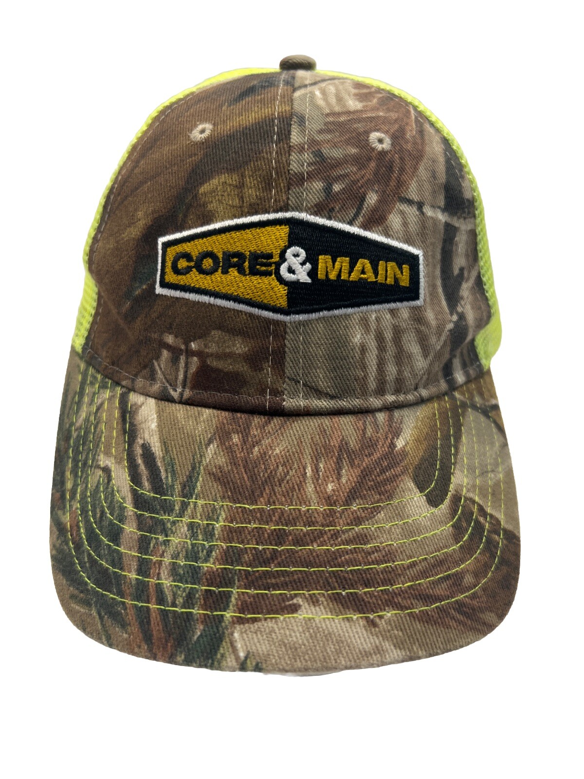 Core & Gold Logo on Camo Fabric Fluorecent Green Mesh Trucker Hat Cap Hook Loop