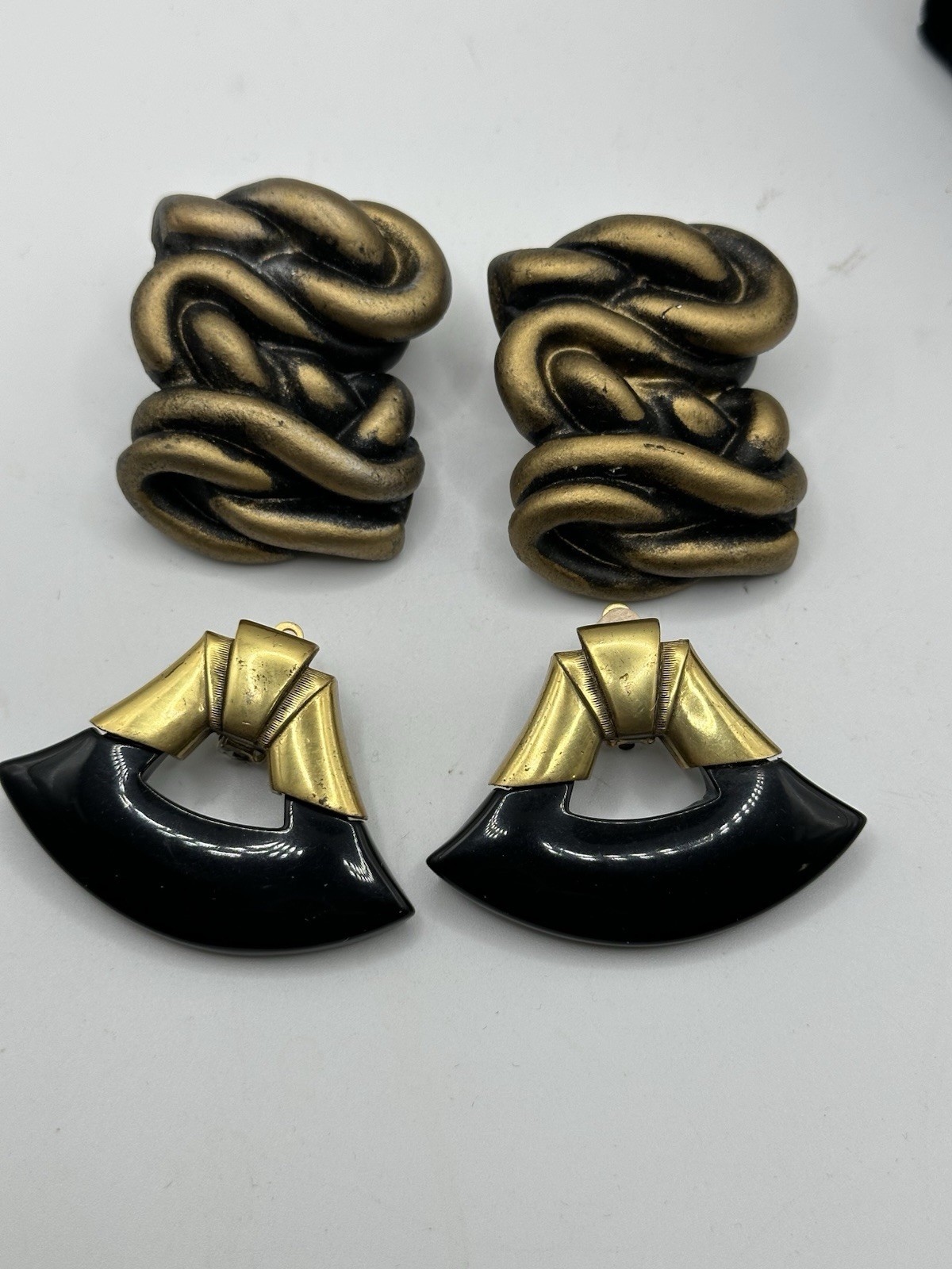 Vintage Clip On Earrings Lot 2 Black Gold Tone Bold Statement