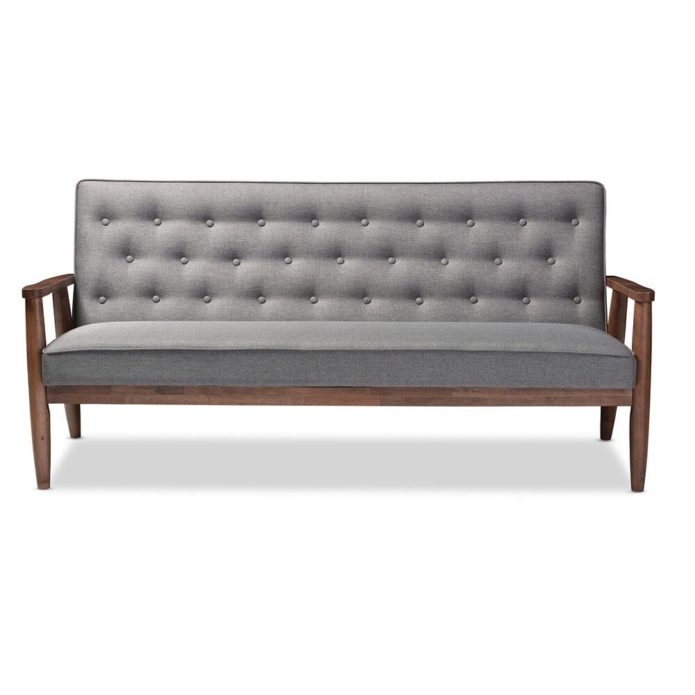 Mid-Century Dark Walnut Finished Gray Fabric Sofa, Loveseat, Chair or Set of all