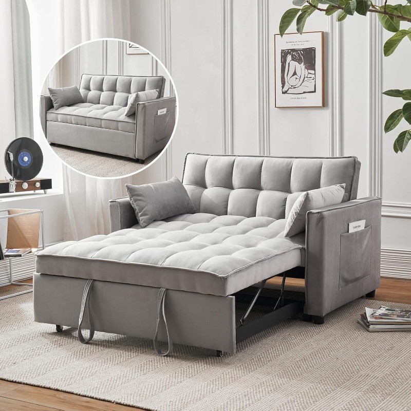 3-in-1 Loveseat Sleeper Sofa 55.5" Pull Out Couch Velvet Upholstered Futon Bed