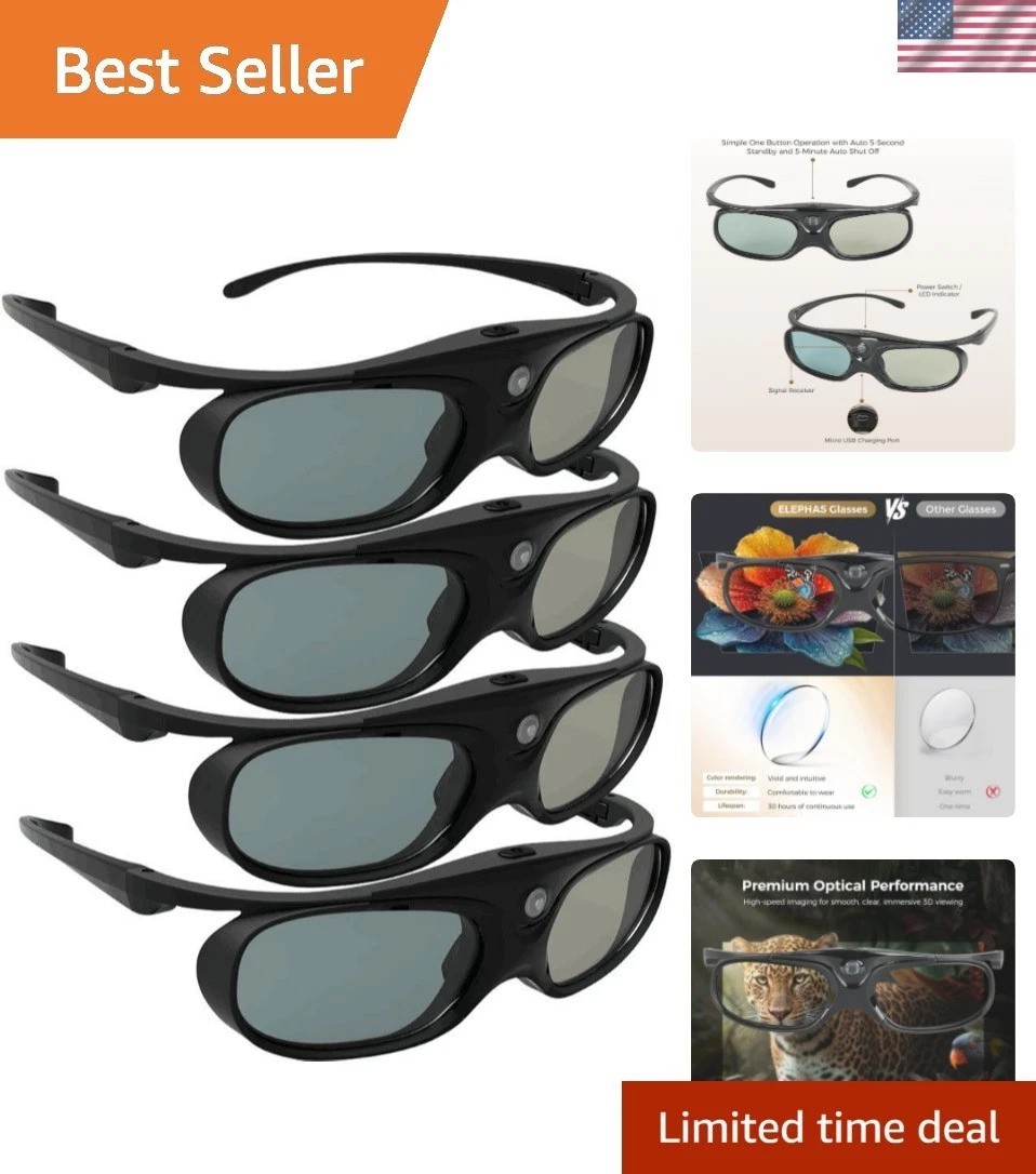 DLP Link 3D Glasses, 144Hz Active Shutter for DLP Projector, 4 Pack | 1000:1 ...