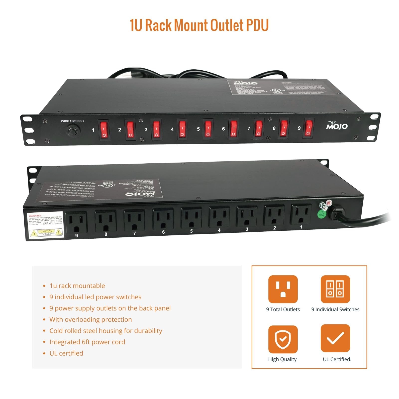 9-Outlet Rack Mount 9 Outlets/12A/Overloading Protection, Black
