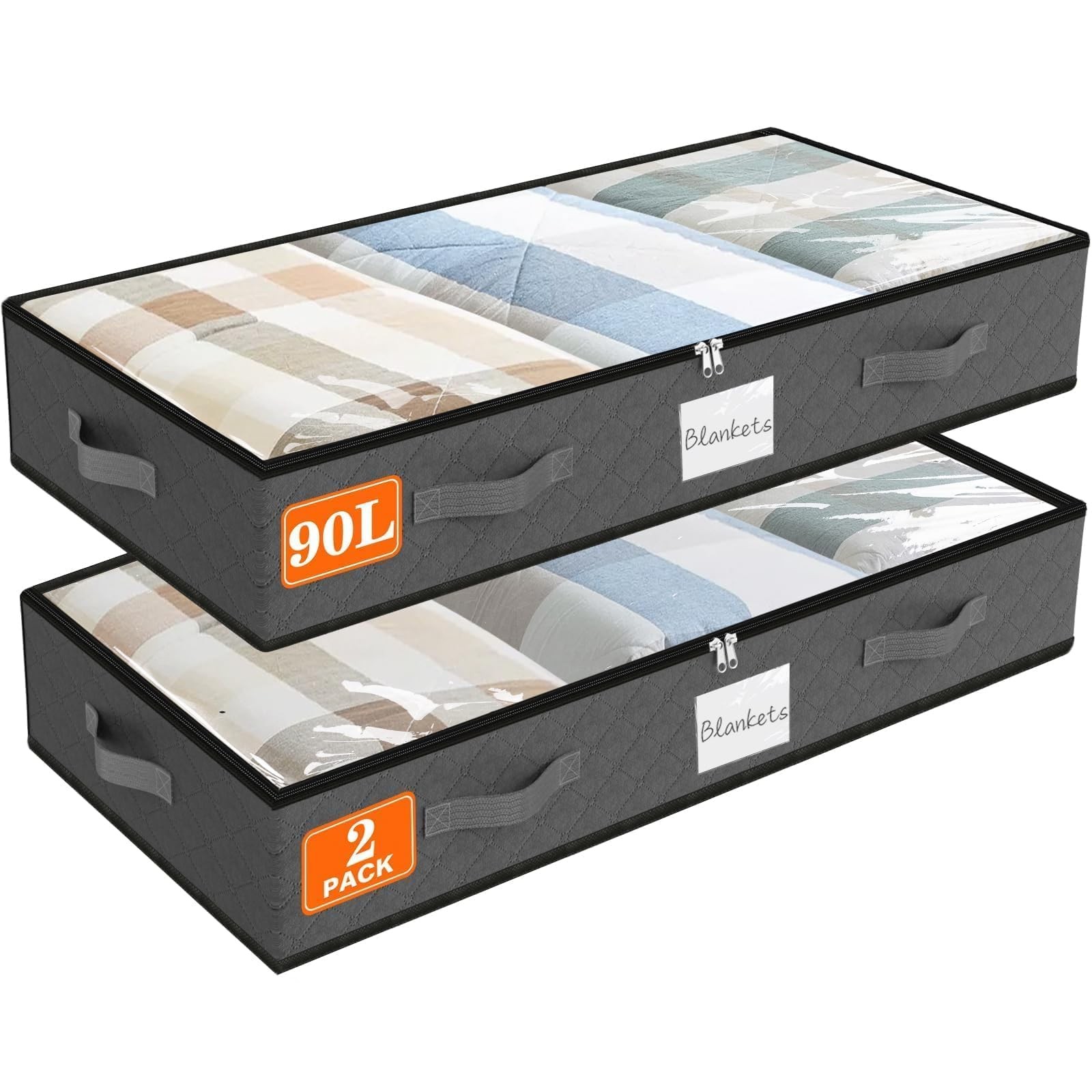 90L Under Bed Storage Containers, 2-Pack Storage Bins with Clear Top, Foldabl...